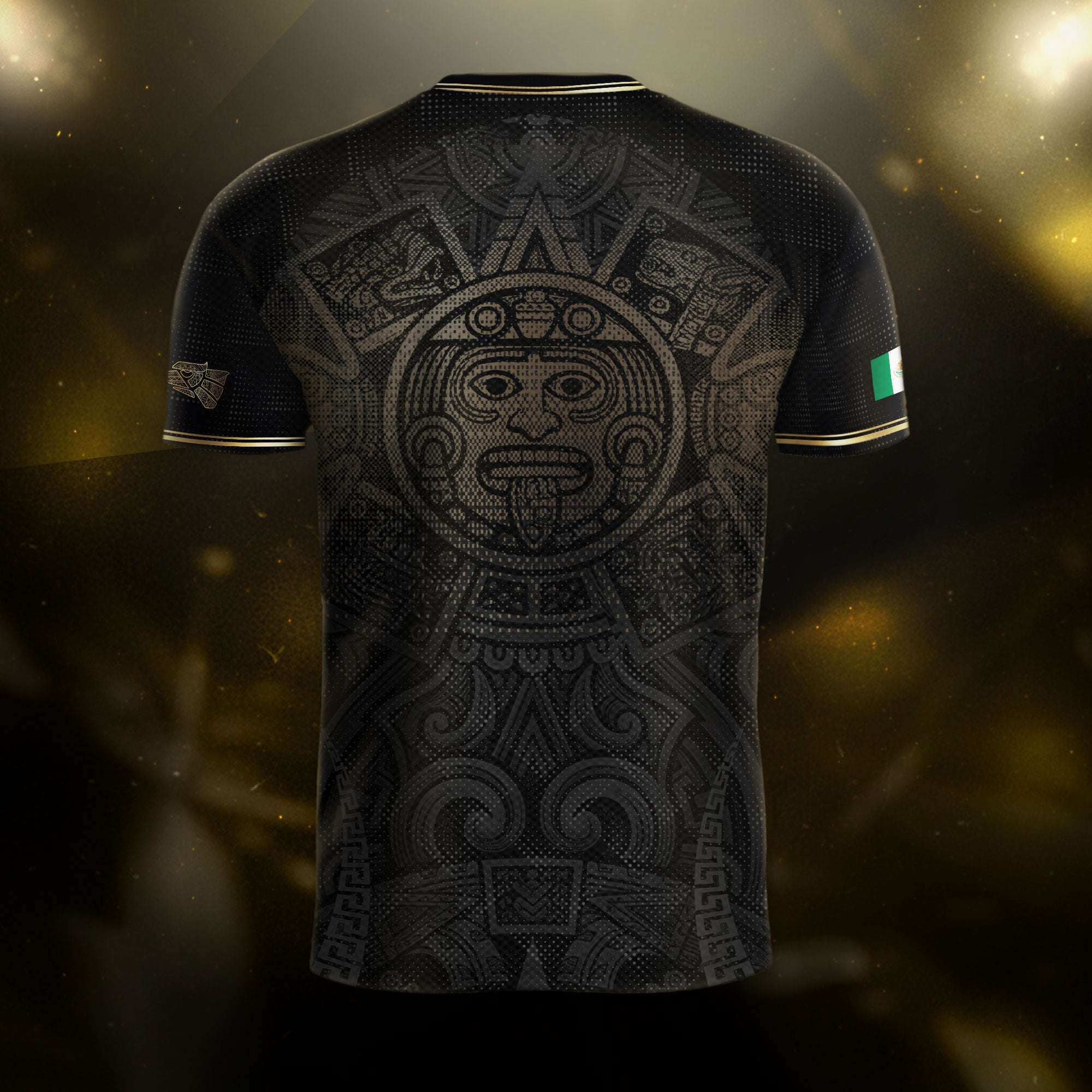 Camiseta de fútbol premium con emblema de águila azteca verde y dorado de México