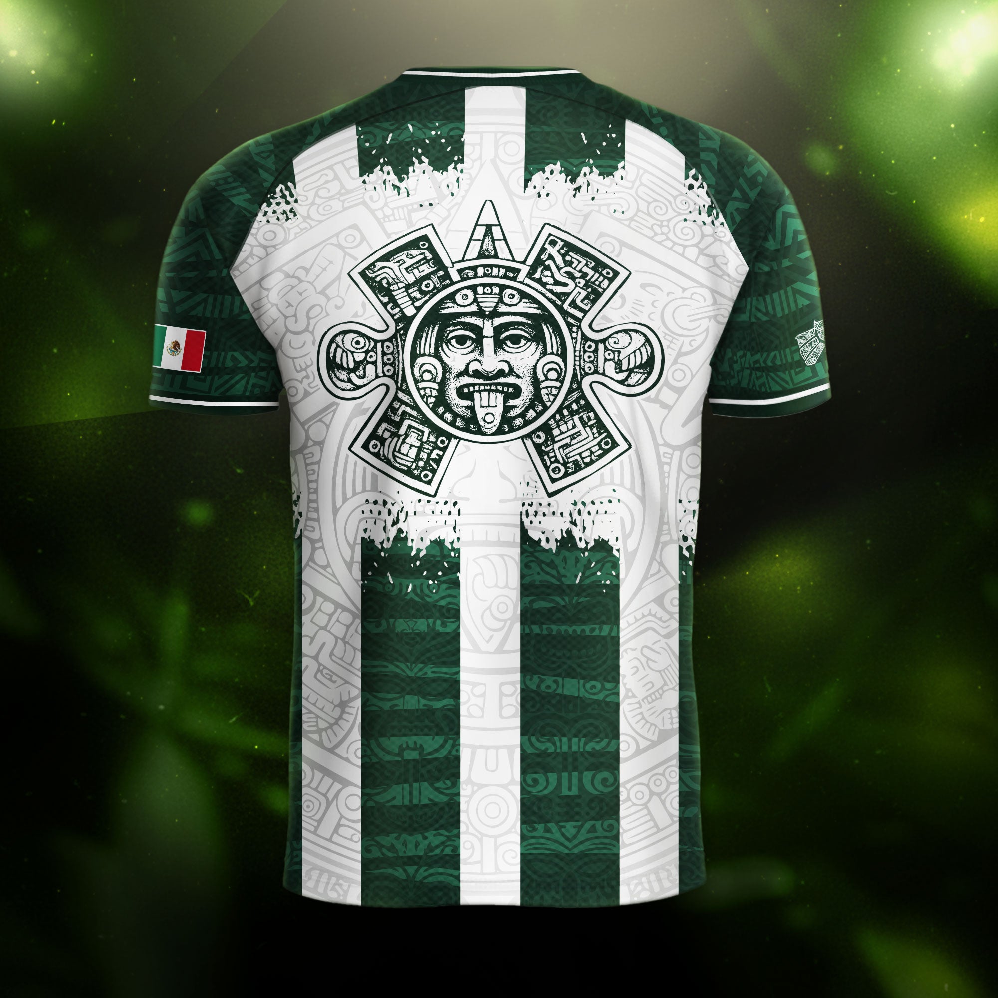 Camiseta de fútbol premium con emblema de águila azteca verde y dorado de México