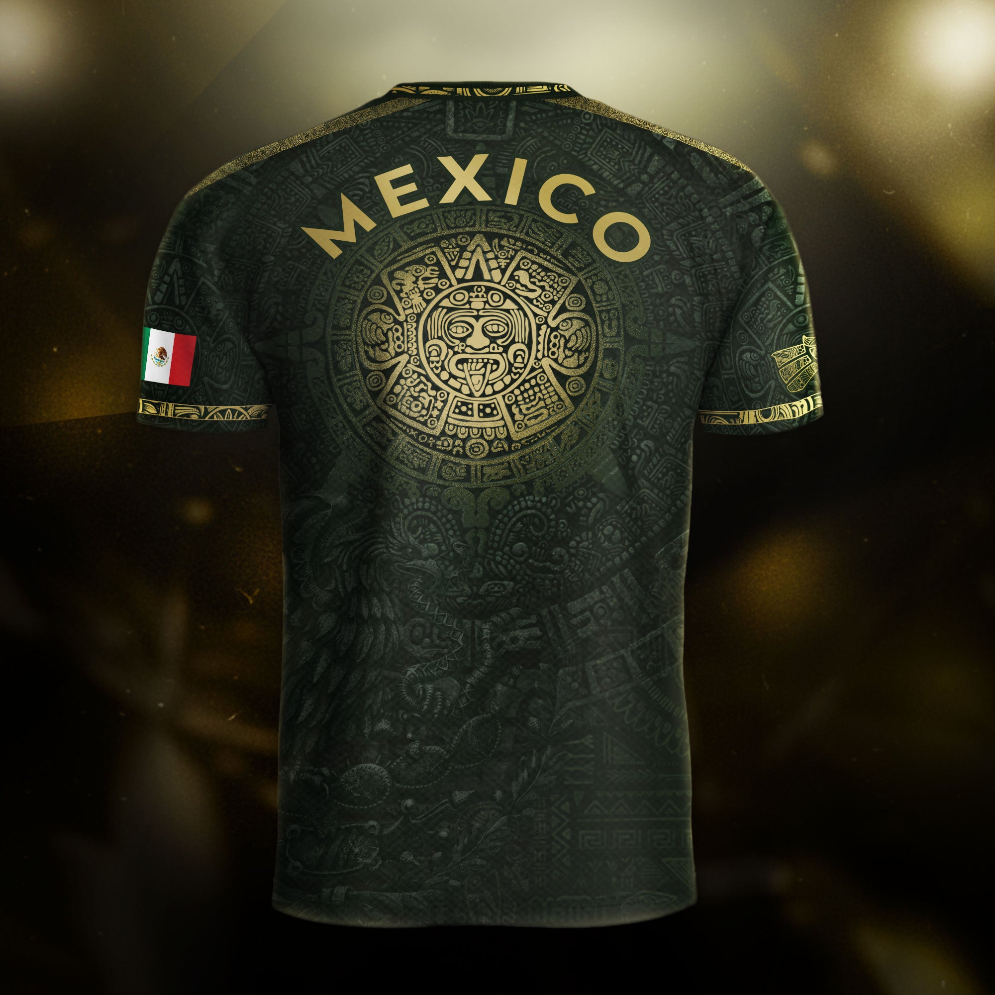 Camiseta de fútbol premium con emblema de águila azteca verde y dorado de México