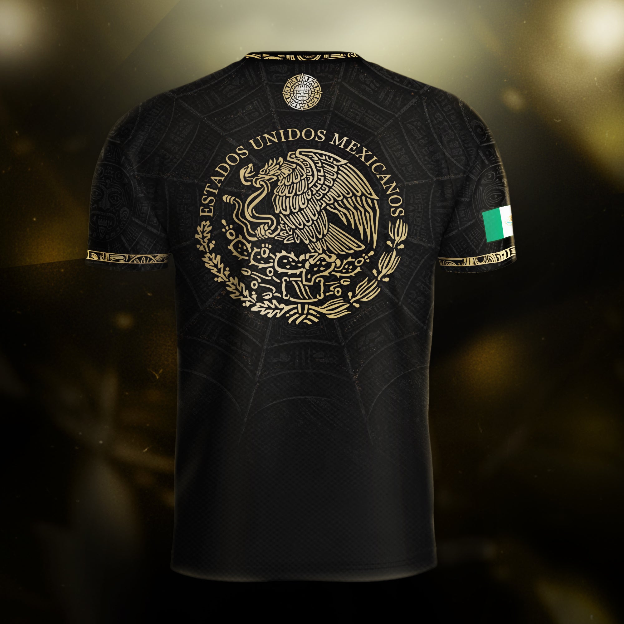 Camiseta de fútbol premium con emblema de águila azteca verde y dorado de México