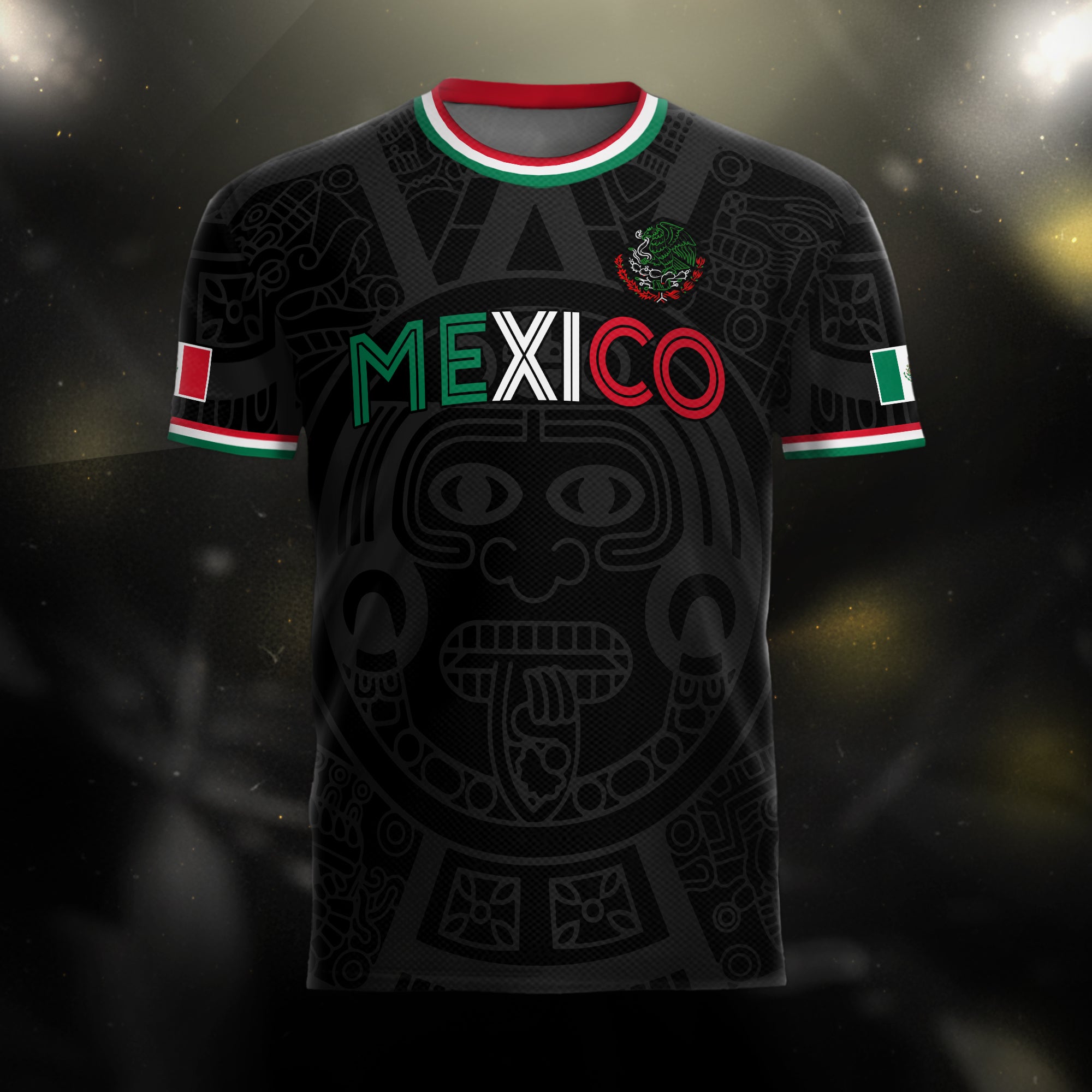 Soccer Jersey Mexico Black Aztec Pattern with Tricolor Accents