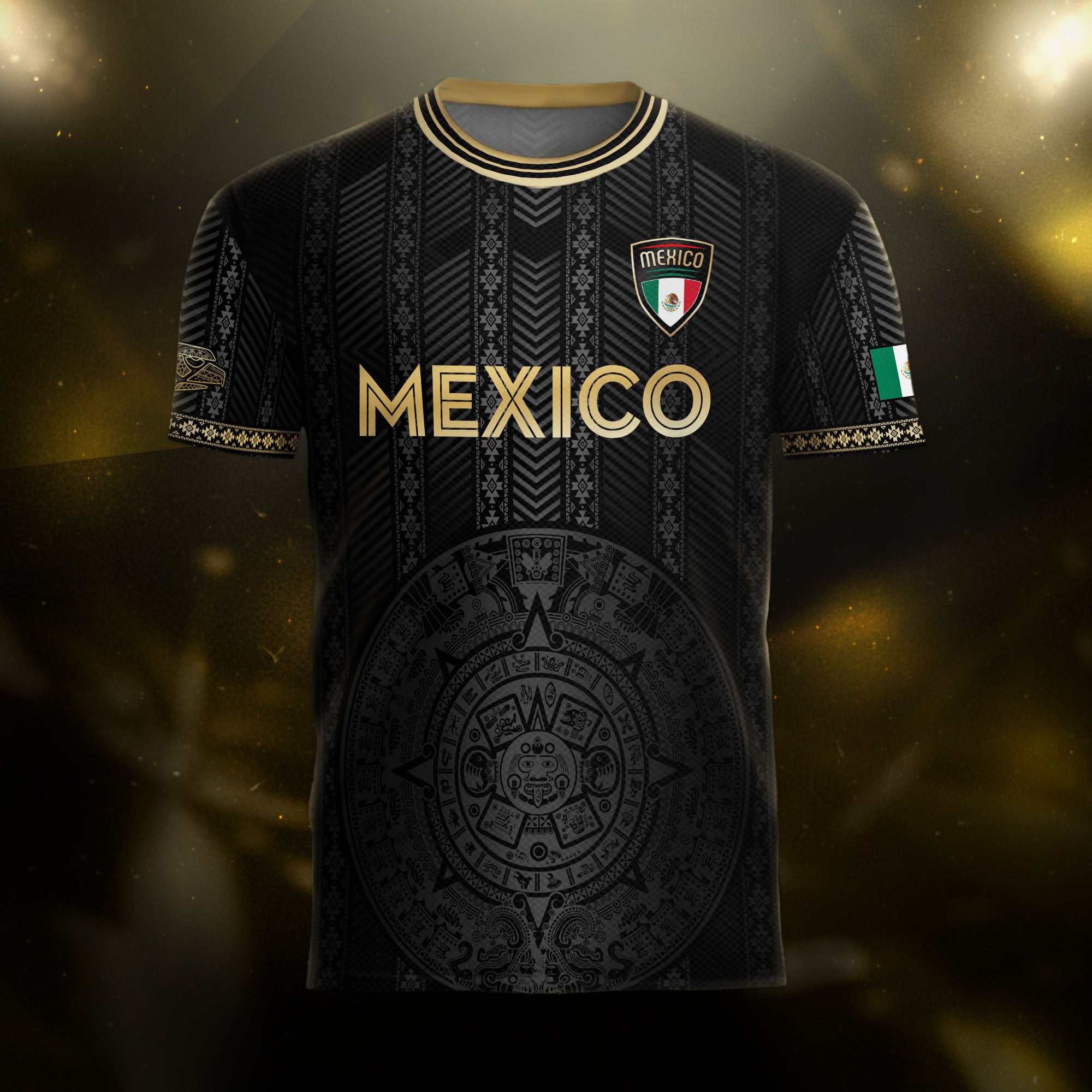 Mexico Soccer Jersey Black Gold Aztec Calendar Design