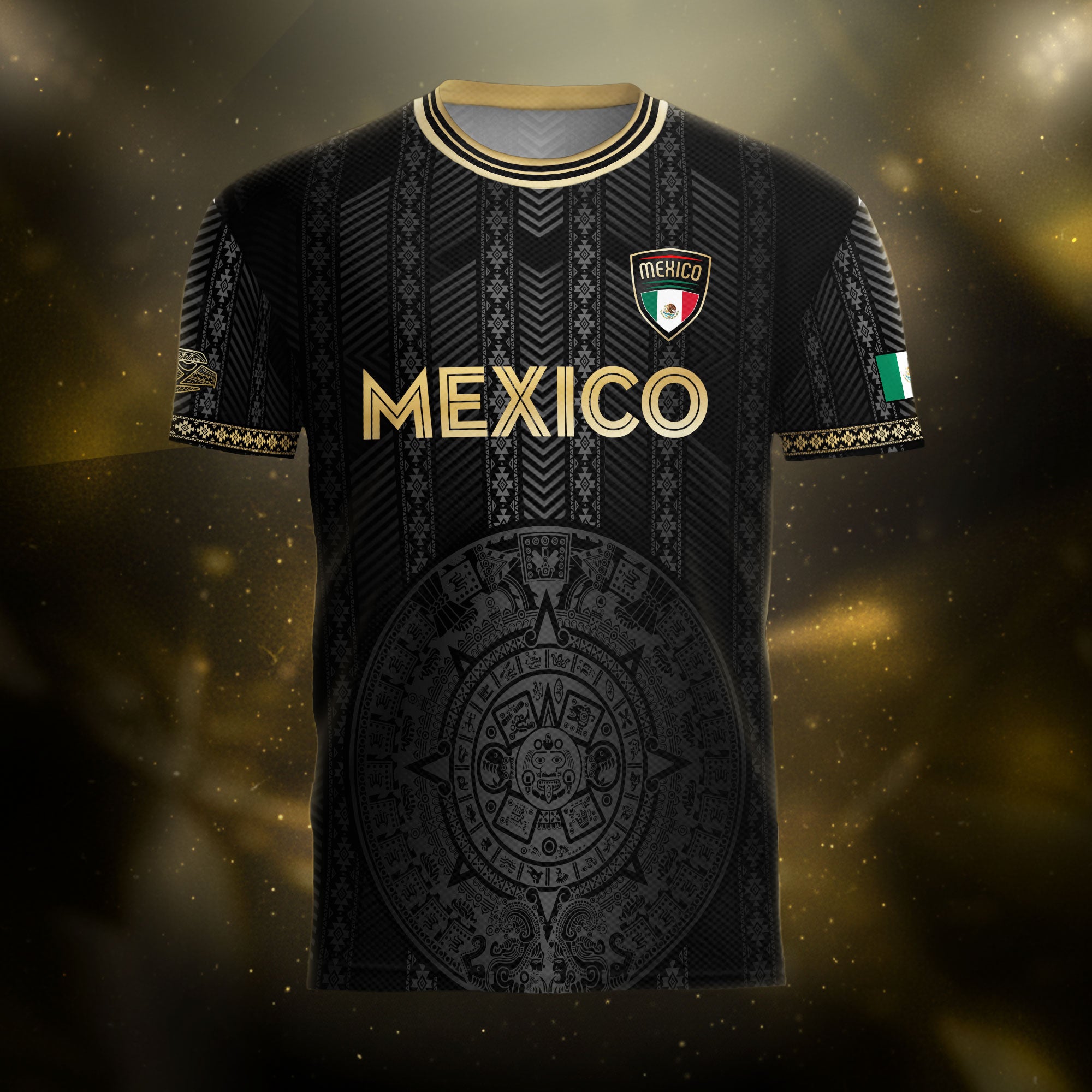 Camiseta de fútbol de México con diseño de calendario azteca, color negro y dorado