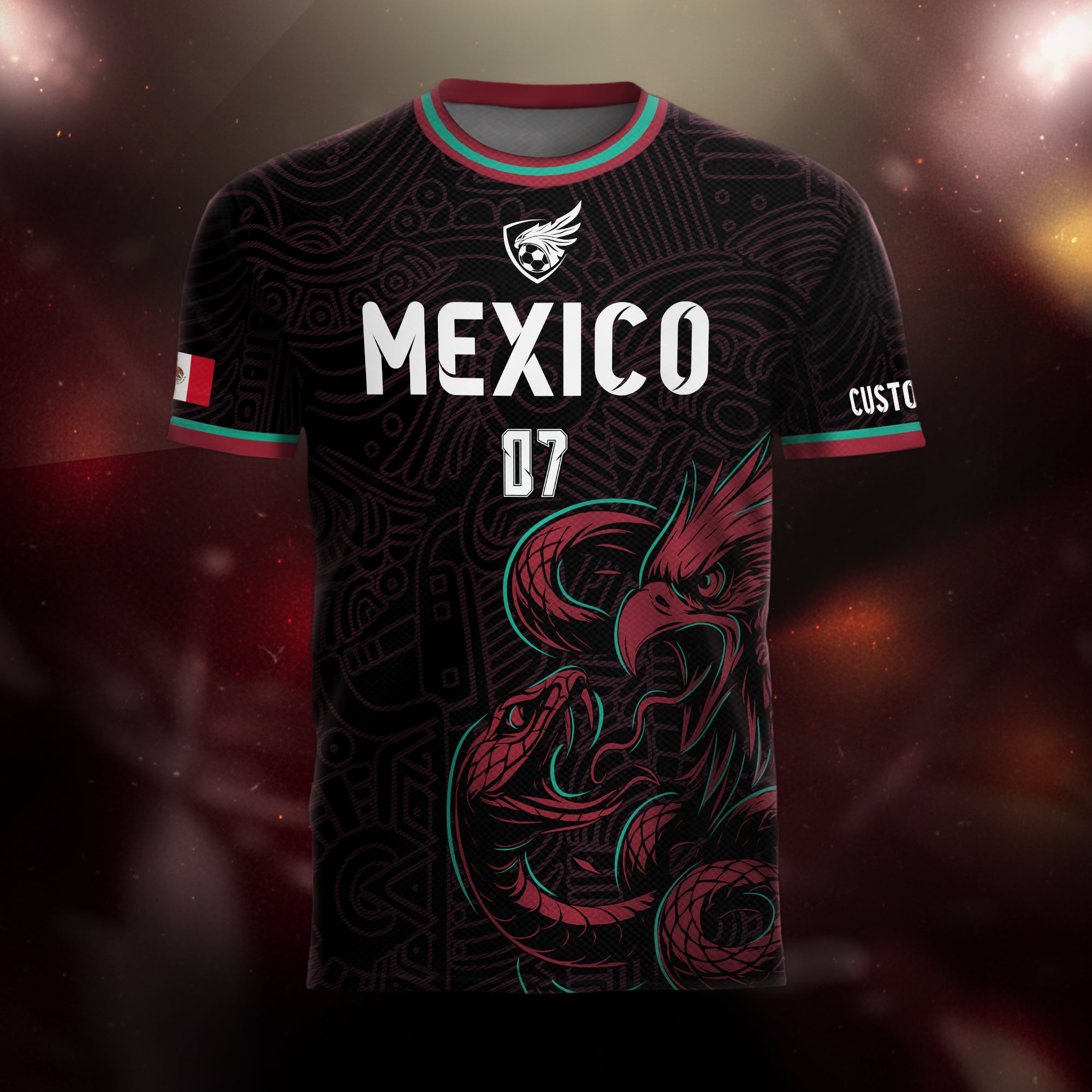 Custom Mexico Black Aztec Eagle Serpent Design Soccer Jersey