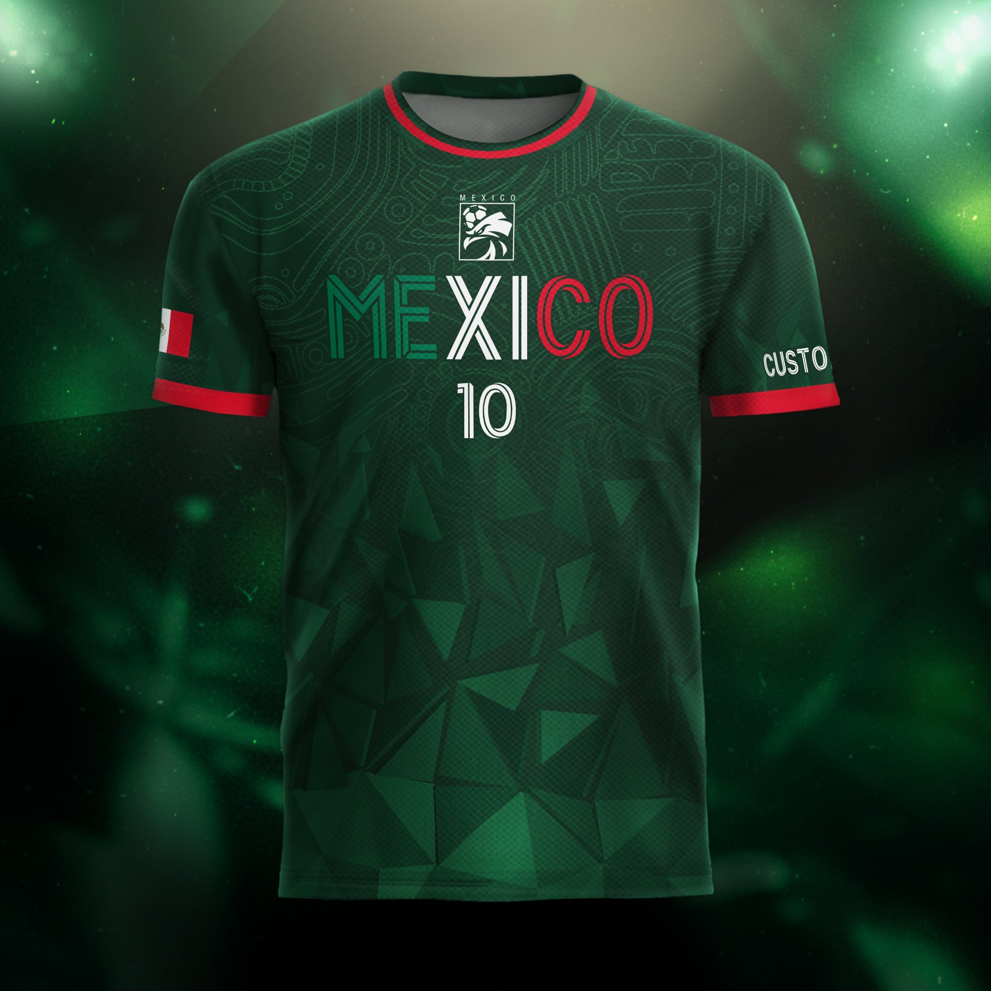 Custom Soccer Jersey Mexico Green Geometric Aztec Design