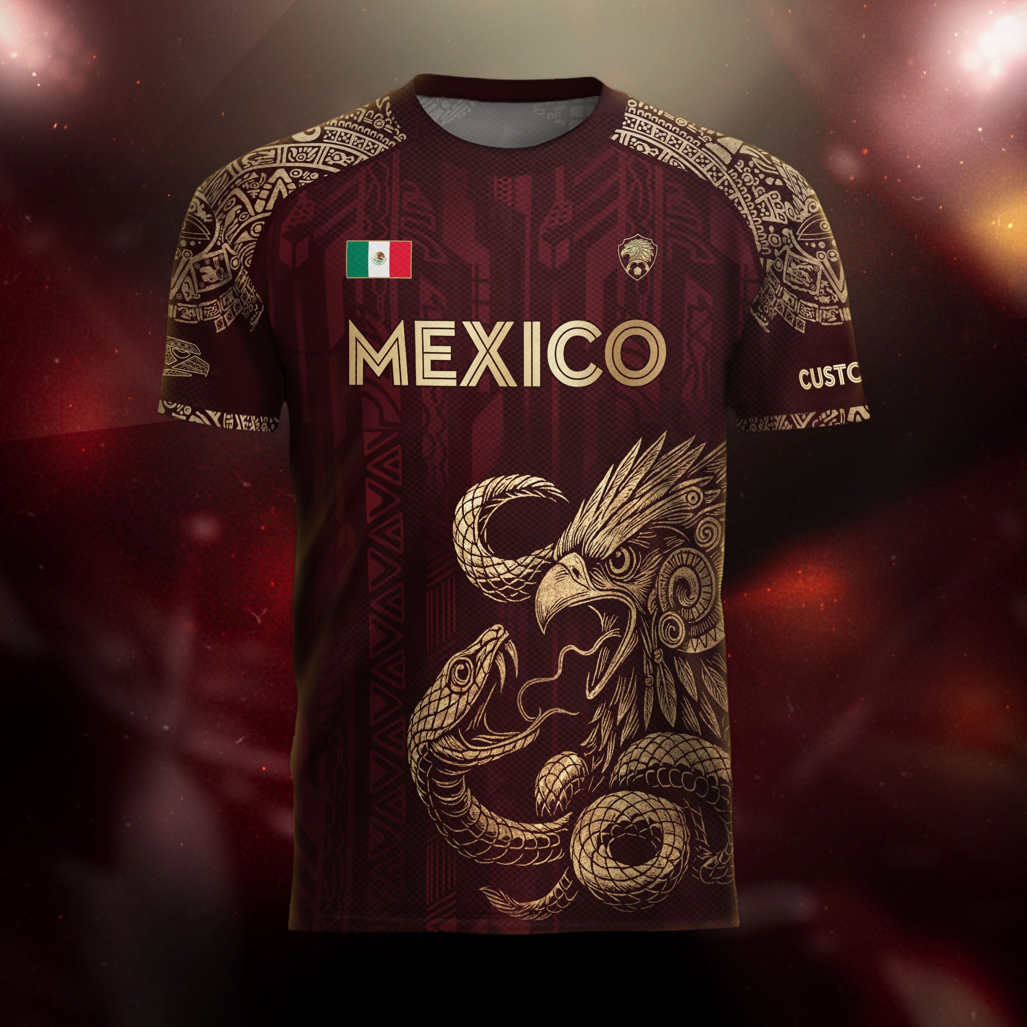 Custom Mexico Burgundy Eagle and Serpent Gold Soccer Jersey