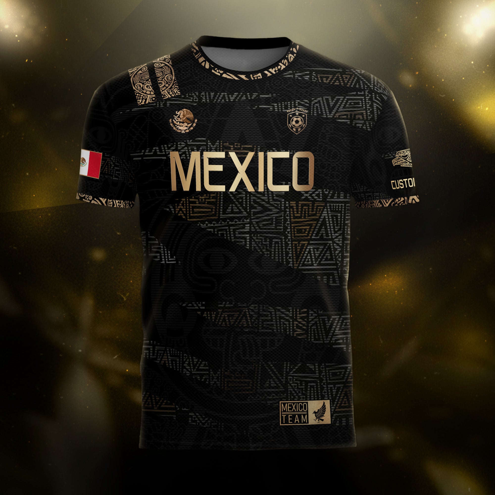 Custom Mexico Soccer Jersey Black Gold Aztec Design