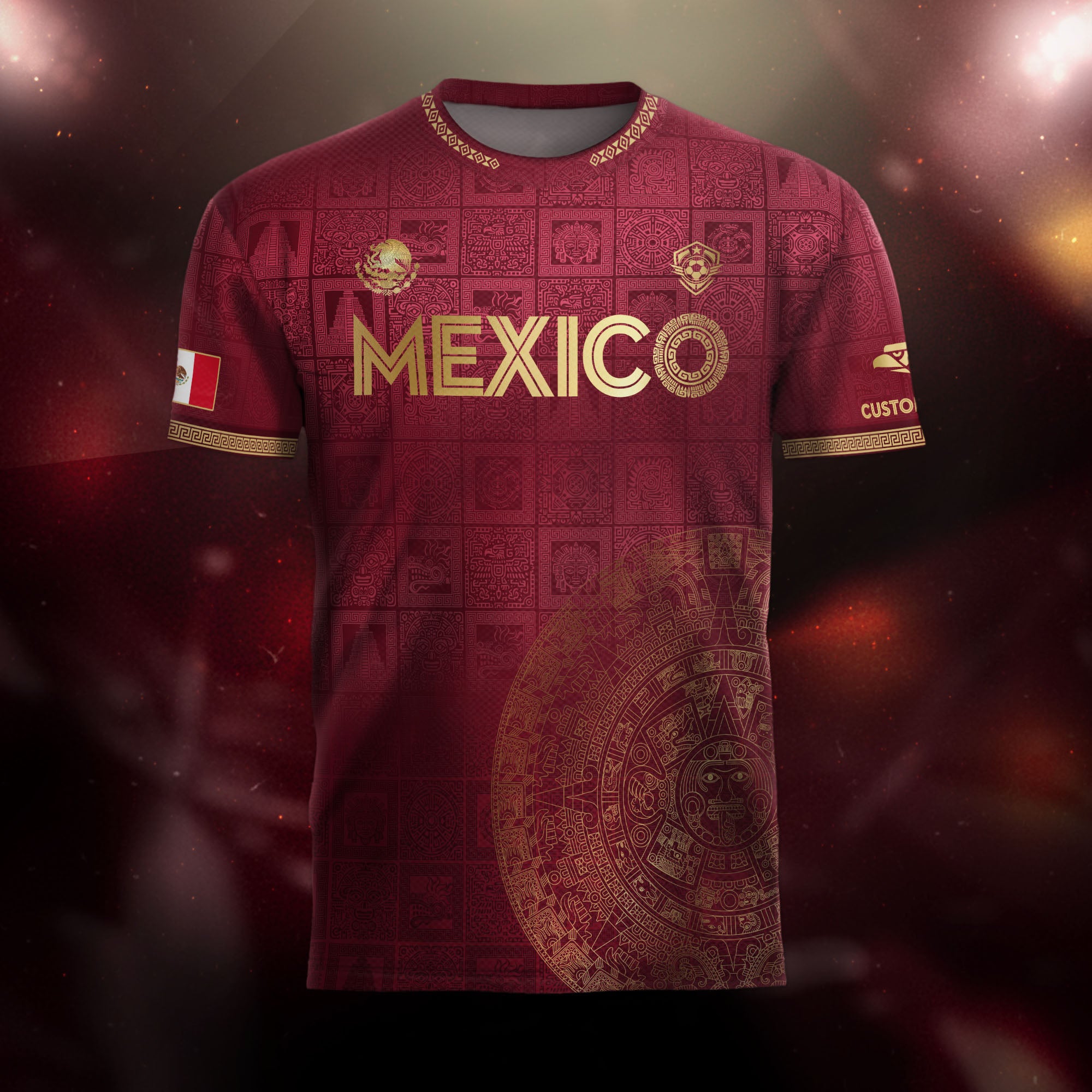 Custom Mexico Maroon Golden Aztec Calendar Soccer Jersey
