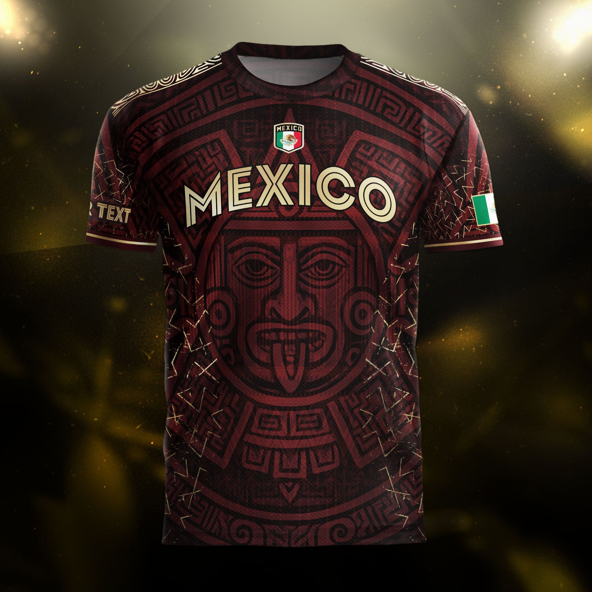 Custom Soccer Jersey Mexico Burgundy Gold Aztec Sun Design