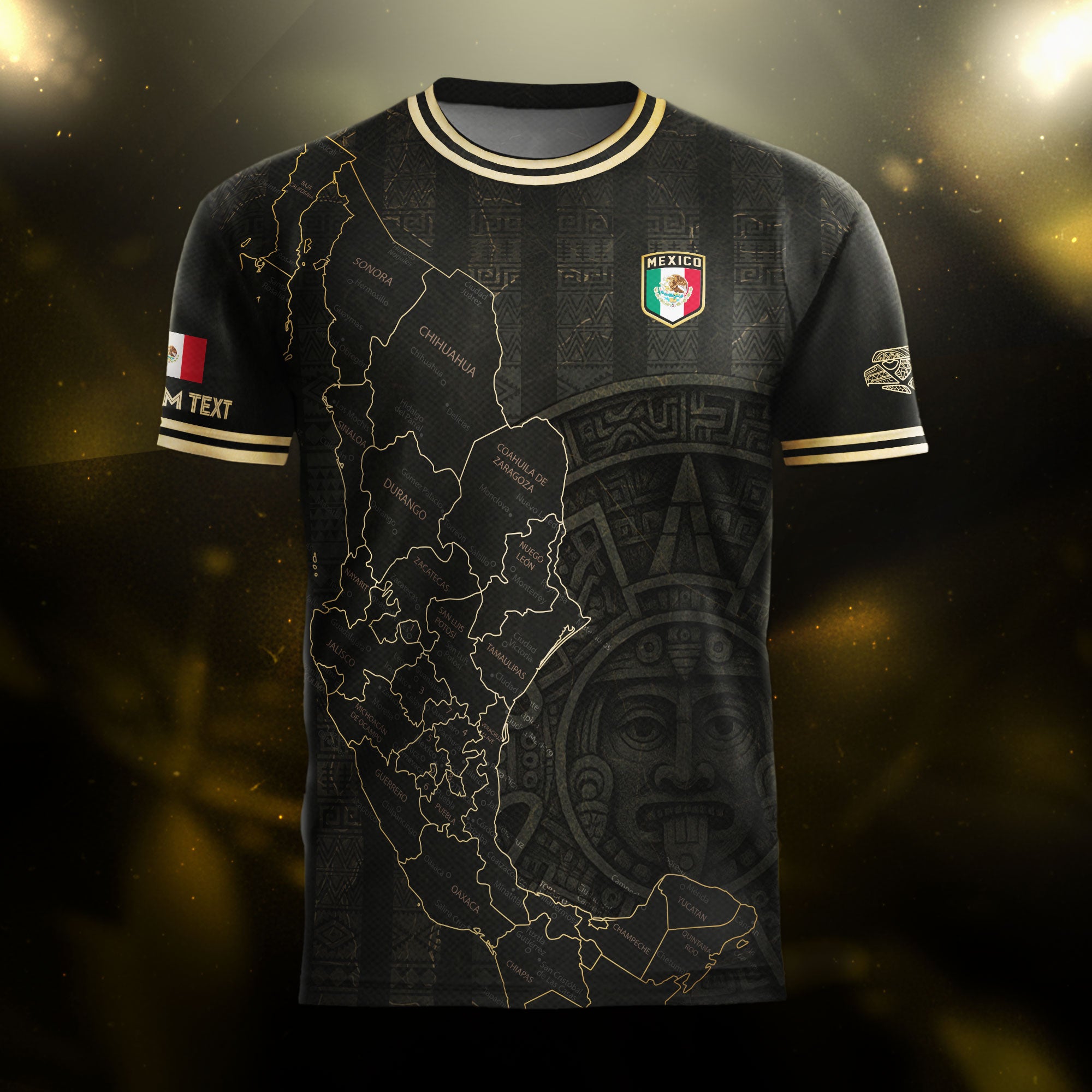 Custom Mexico Black Gold Map Aztec Sun Design Soccer Jersey