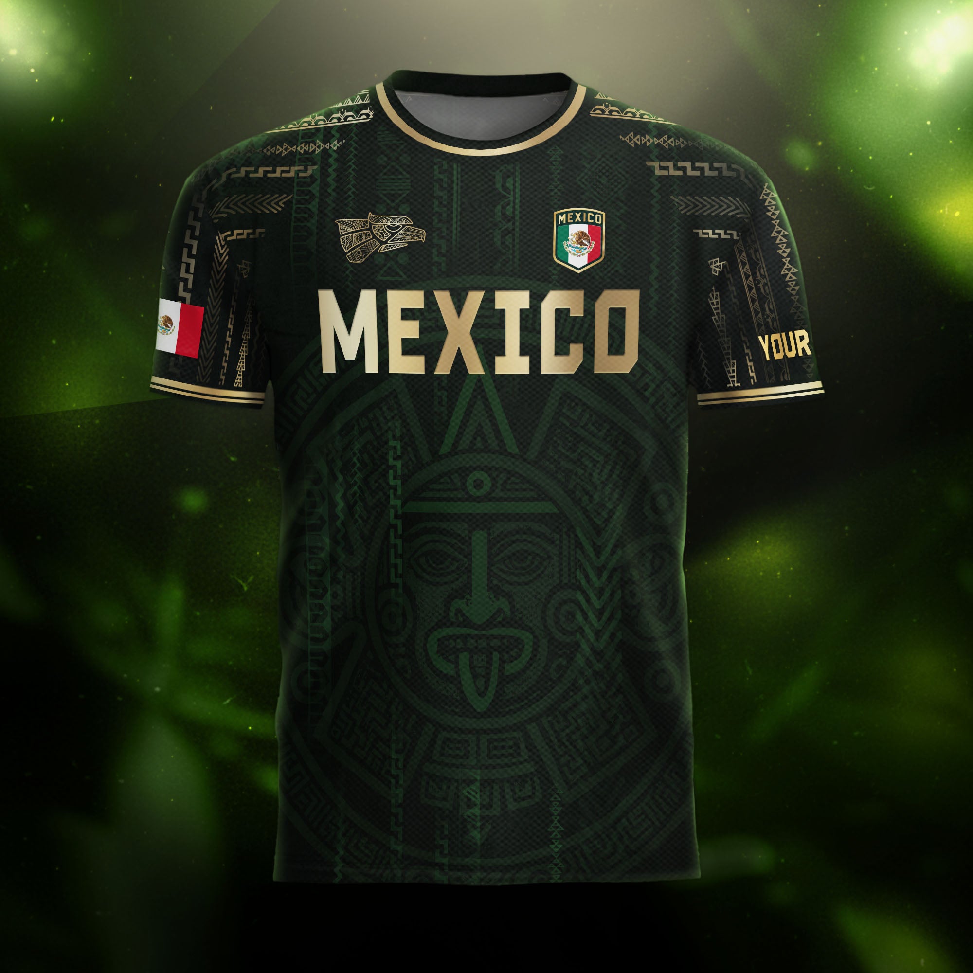 Custom Mexico Dark Green Gold Aztec Sun Design Soccer Jersey