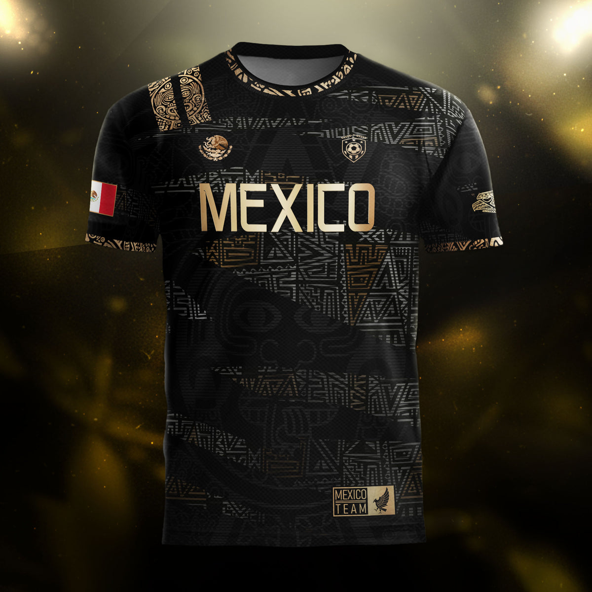 Mexico Black Gold Aztec Heritage Soccer Jersey with Eagle Crest Design