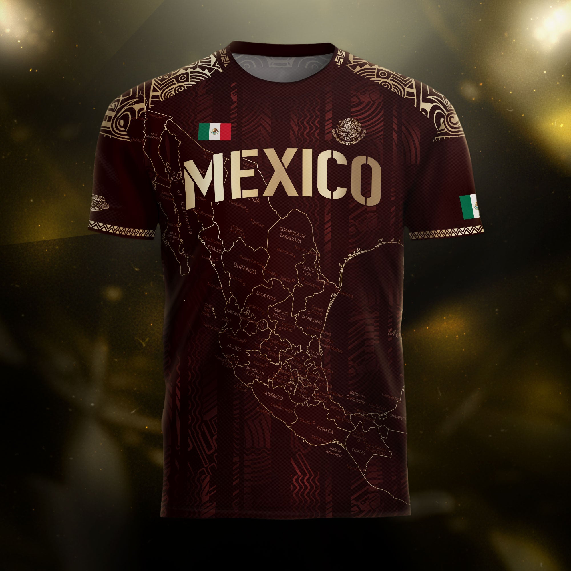 Mexico Soccer Jersey Burgundy Map Aztec Pattern Heritage Golden Details Design