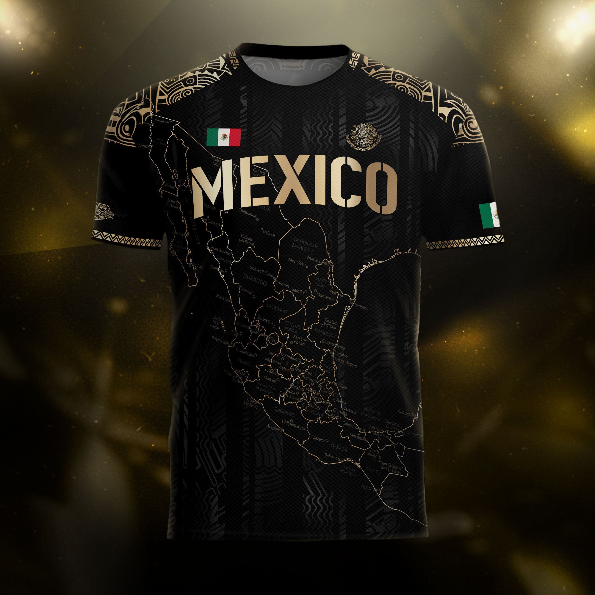 Mexico Black Heritage Map Soccer Jersey with Golden Aztec Details