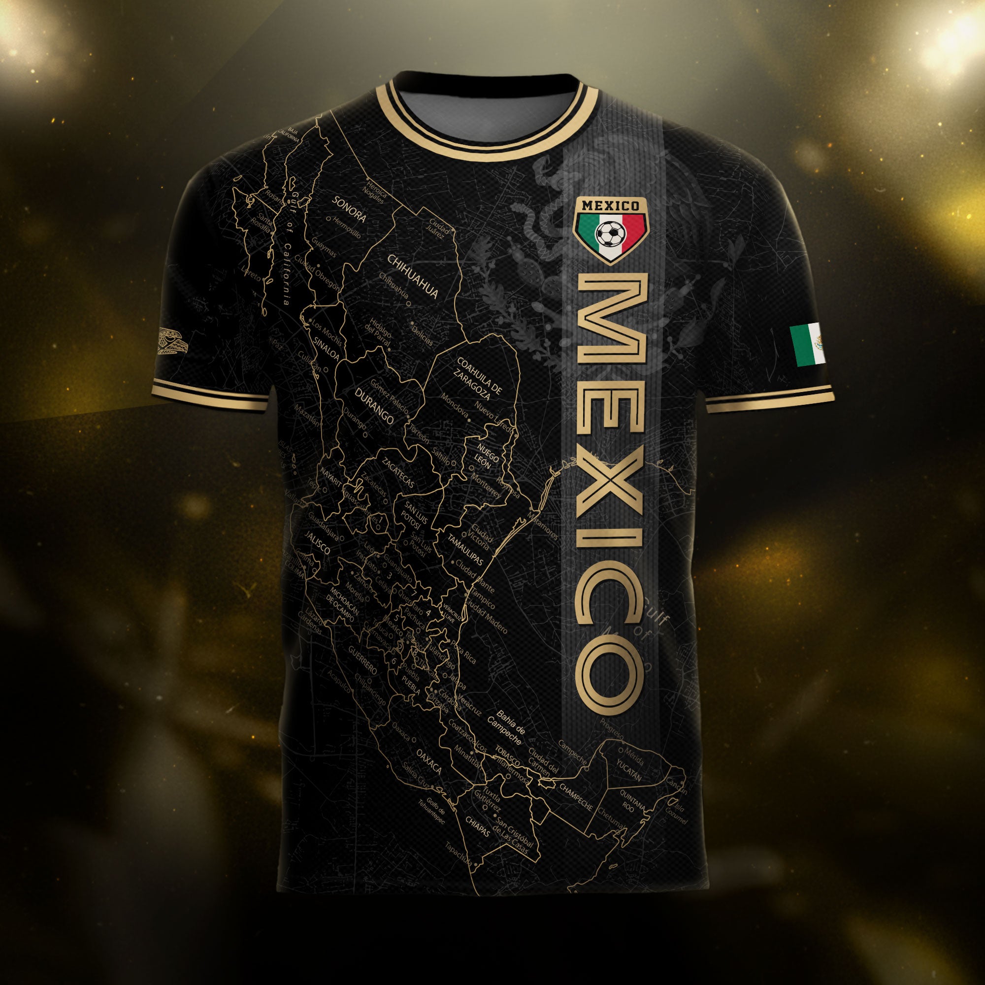 Mexico Black Heritage Map Soccer Jersey with Golden Aztec Accents