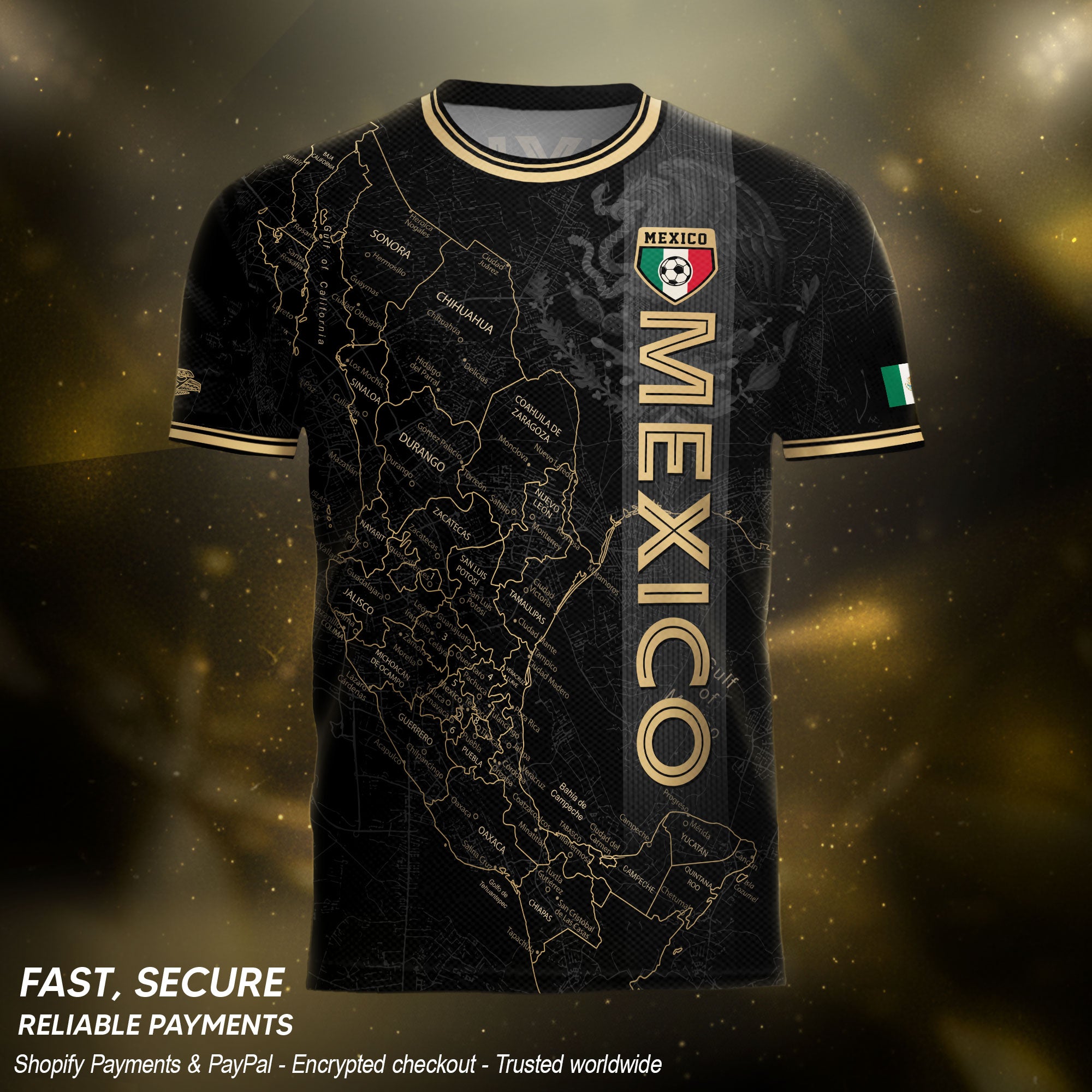 Mexico Black Heritage Map Soccer Jersey with Golden Aztec Accents