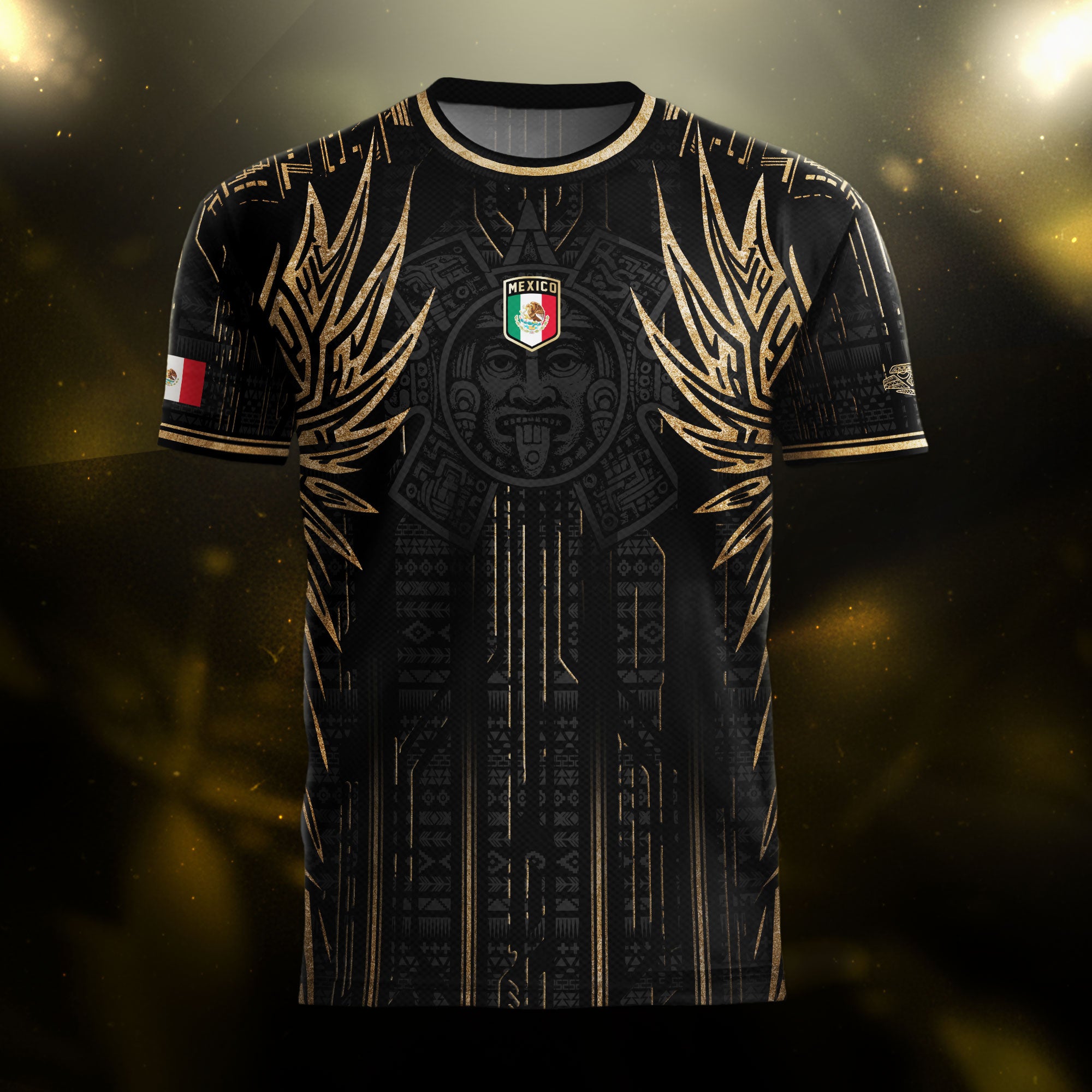 Mexico Soccer Jersey Black Aztec Warrior Gold Feather Design