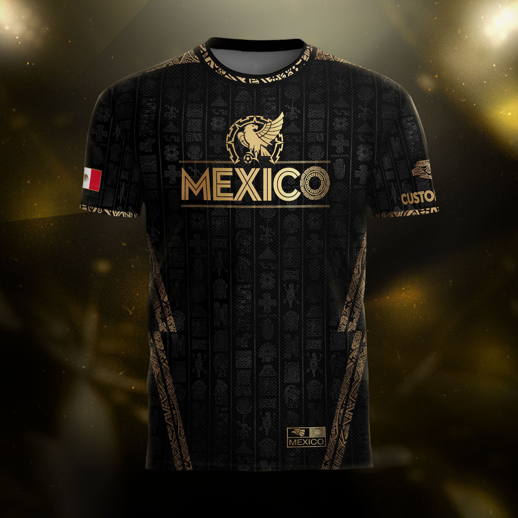 Custom Mexico Black Gold Soccer Jersey with Aztec Eagle Design