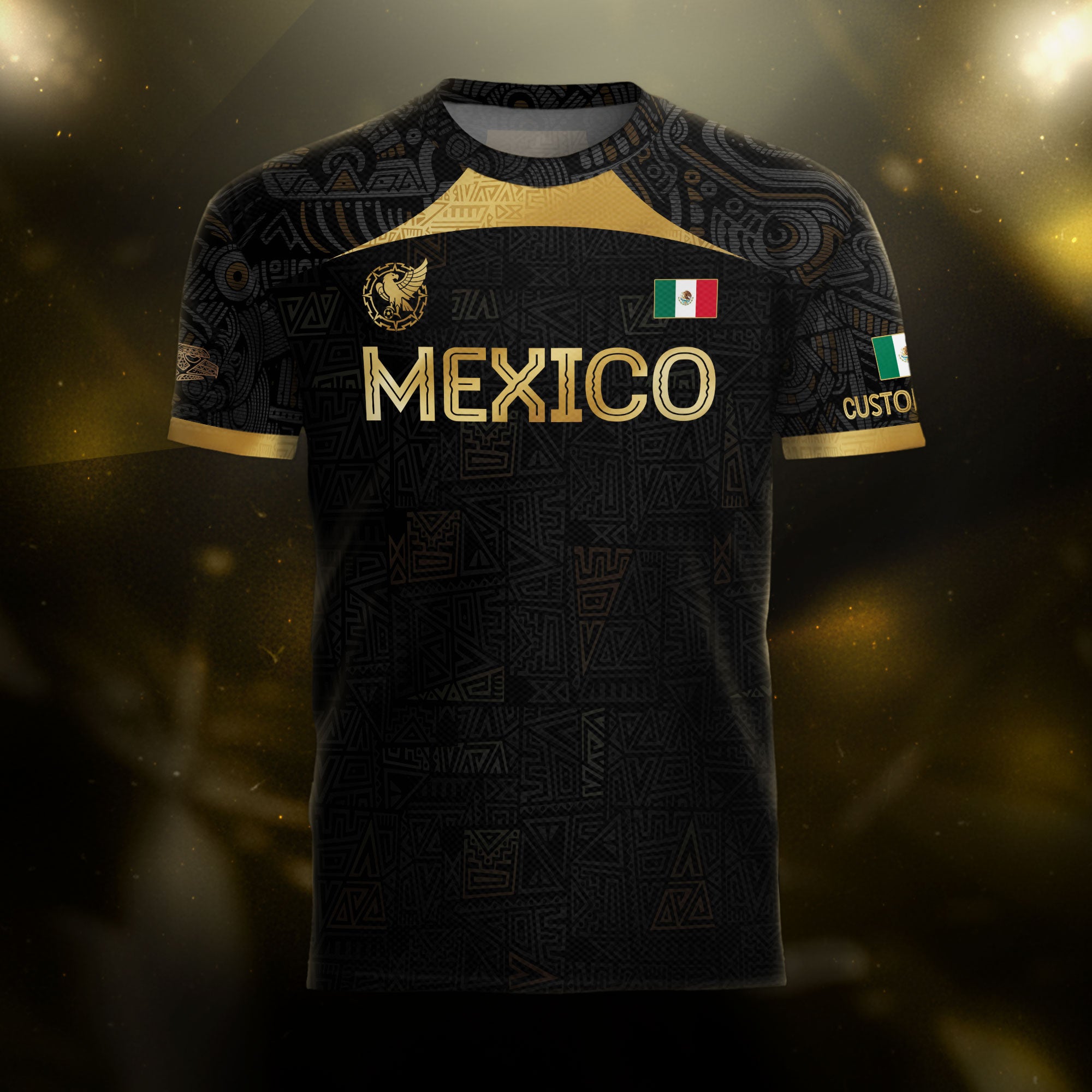 Custom Mexico Black Gold Soccer Jersey with Aztec Warrior Pattern