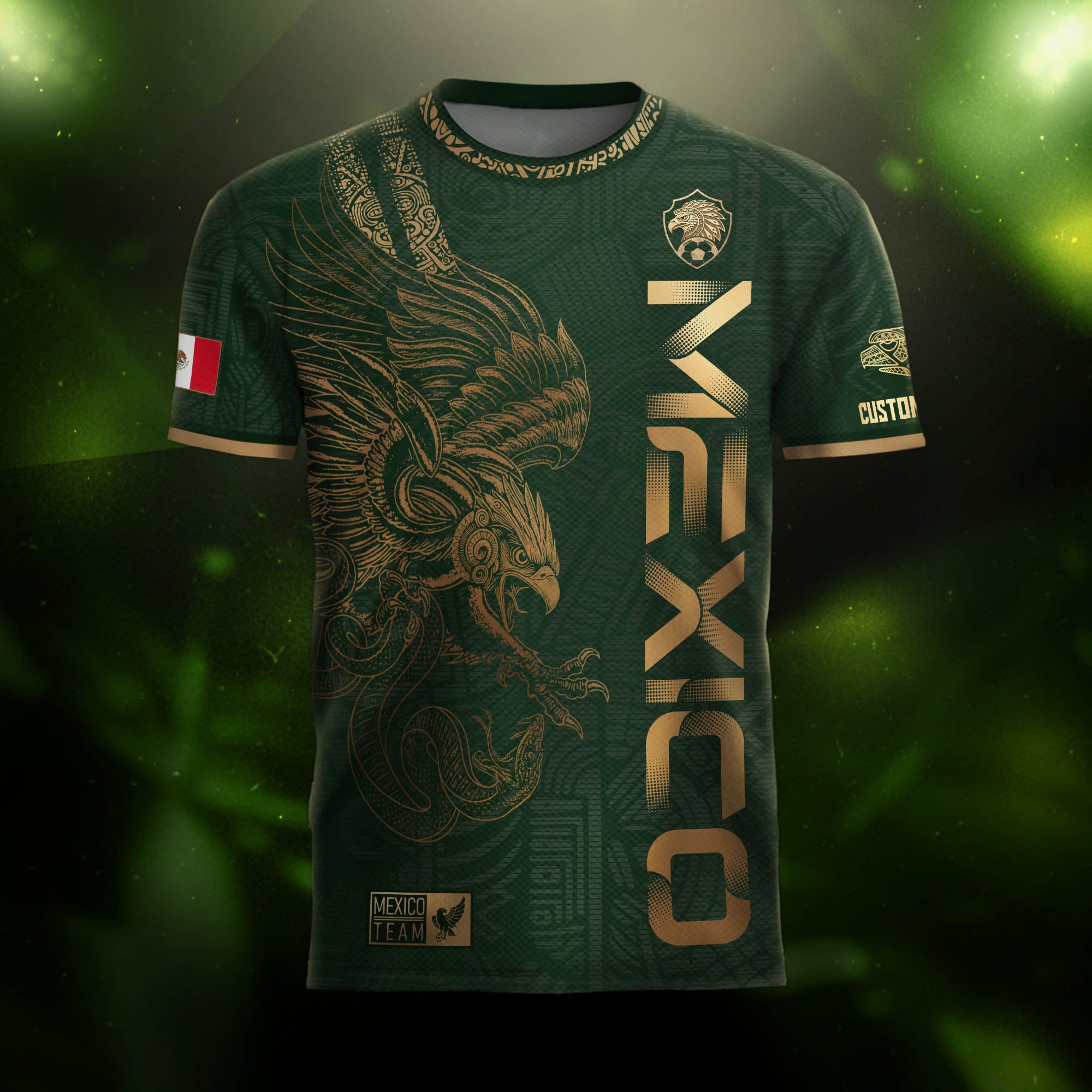 Custom Mexico Green Gold Soccer Jersey with Aztec Eagle Serpent Design