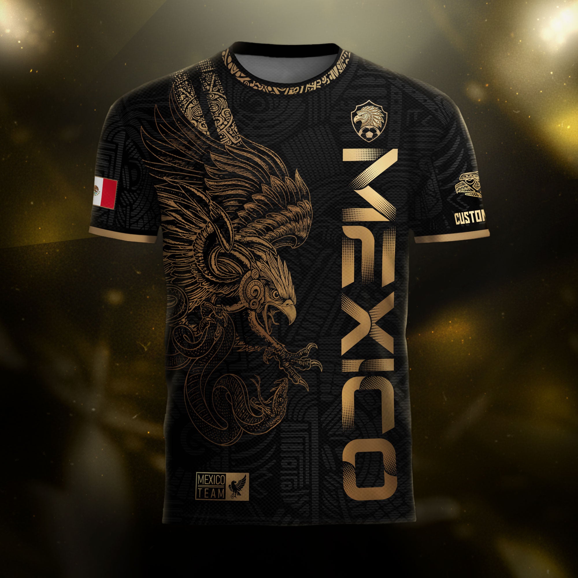 Custom Mexico Black Gold Soccer Jersey with Aztec Eagle Serpent Design