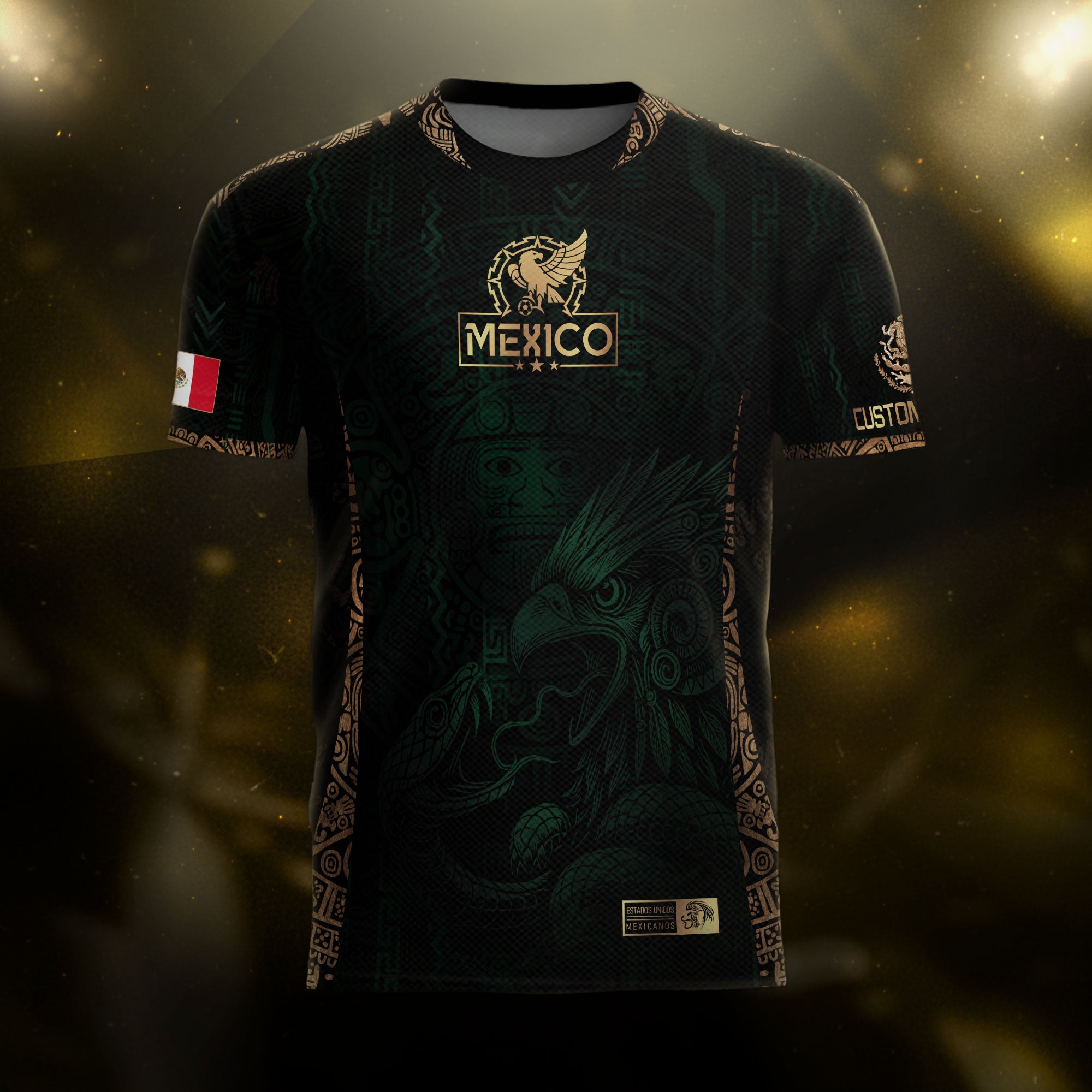 Custom Mexico Green Gold Soccer Jersey with Aztec Eagle Warrior Design
