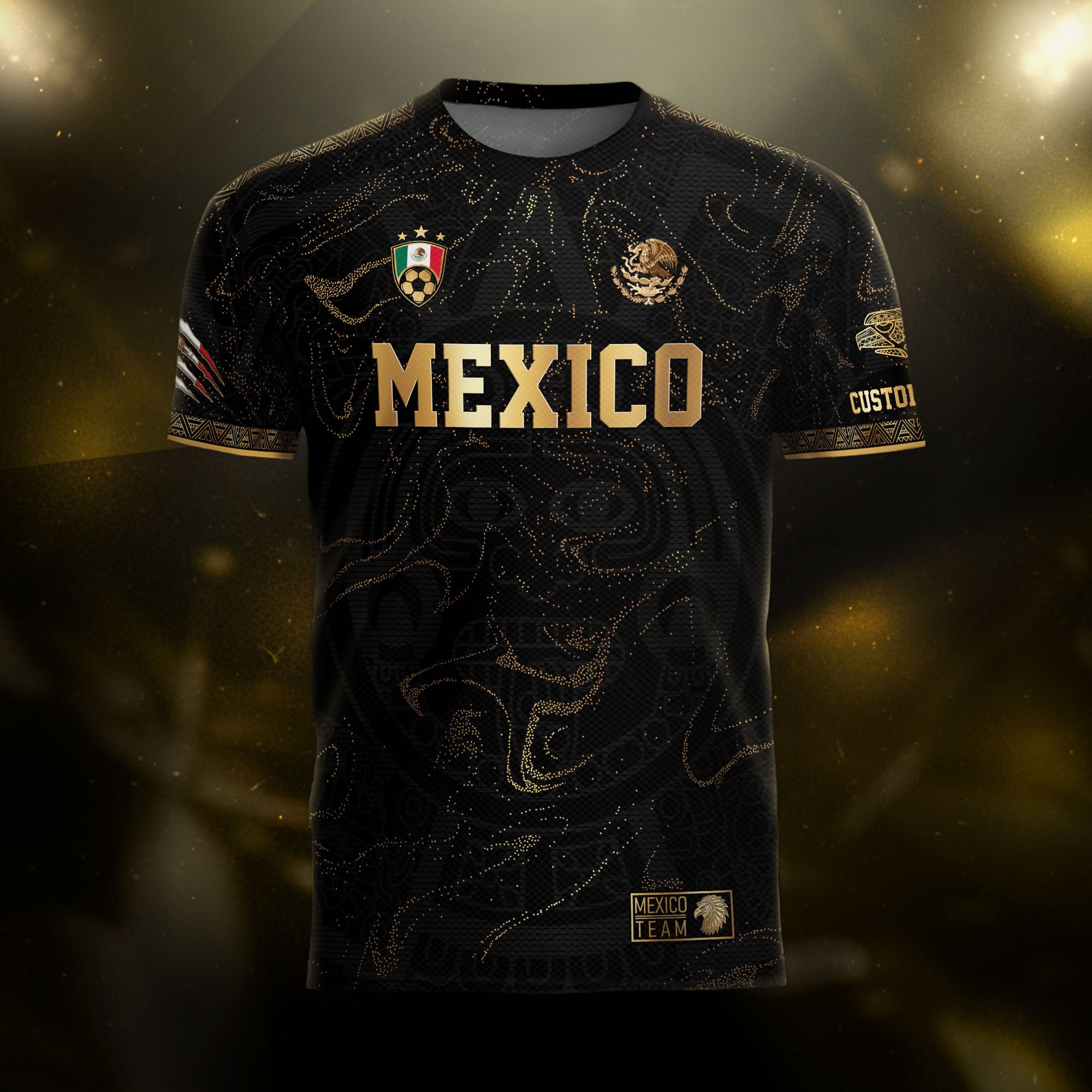 Custom Mexico Black Gold Soccer Jersey with Heritage Map and Aztec Pattern