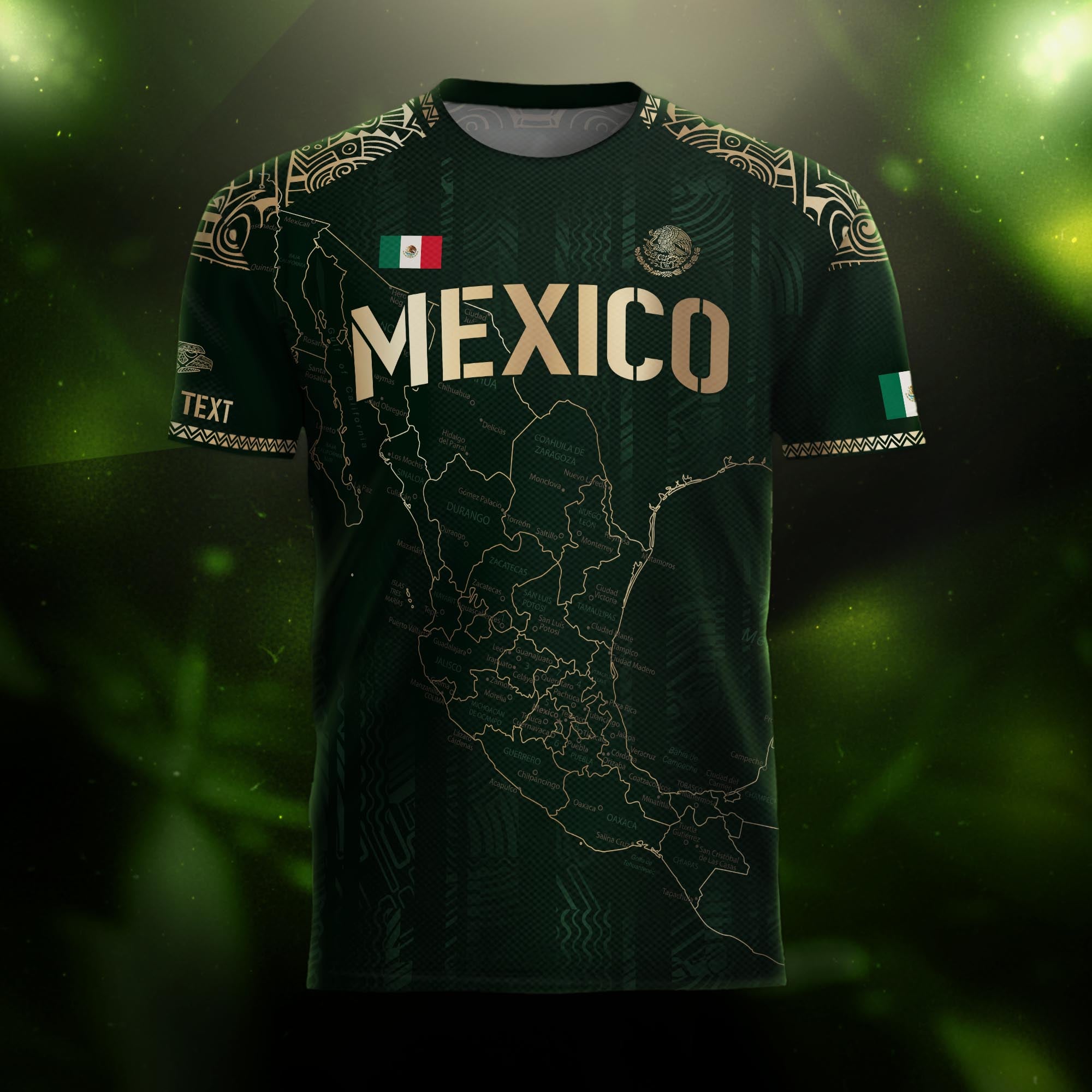 Camiseta de fútbol personalizada con el mapa verde y dorado de México y herencia azteca