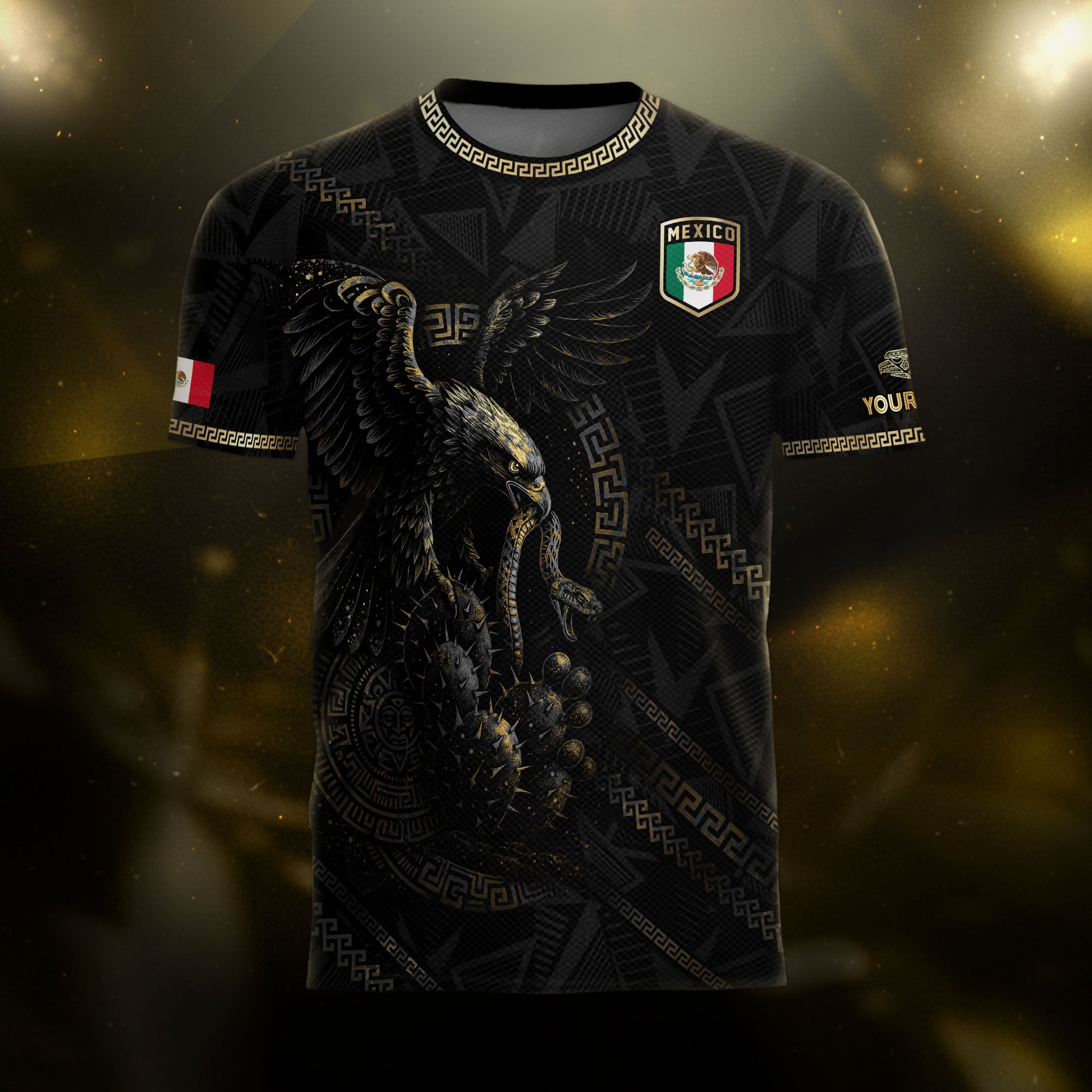 Custom Mexico Black Gold Eagle and Serpent Aztec Heritage Soccer Jersey