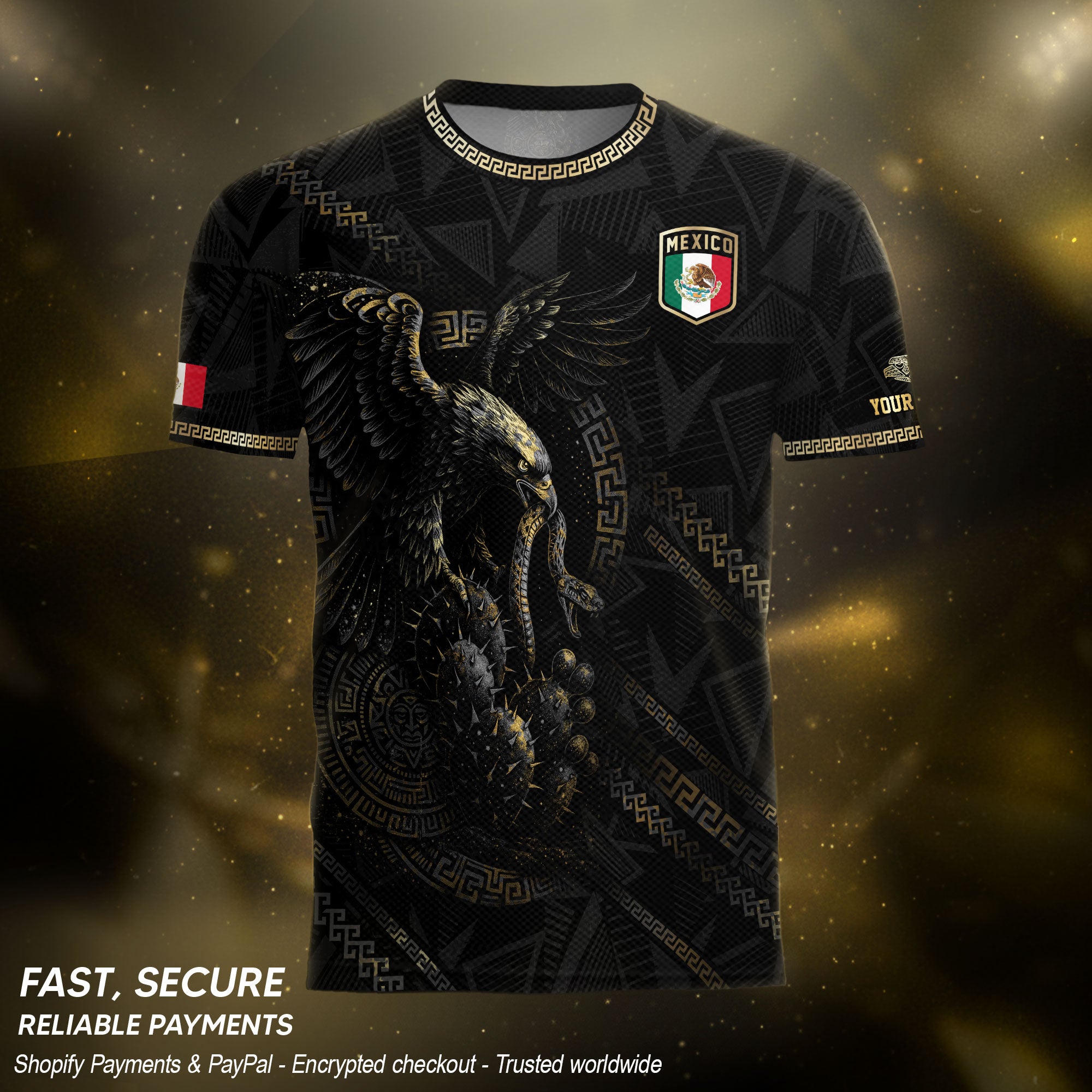 Custom Mexico Black Gold Eagle and Serpent Aztec Heritage Soccer Jersey