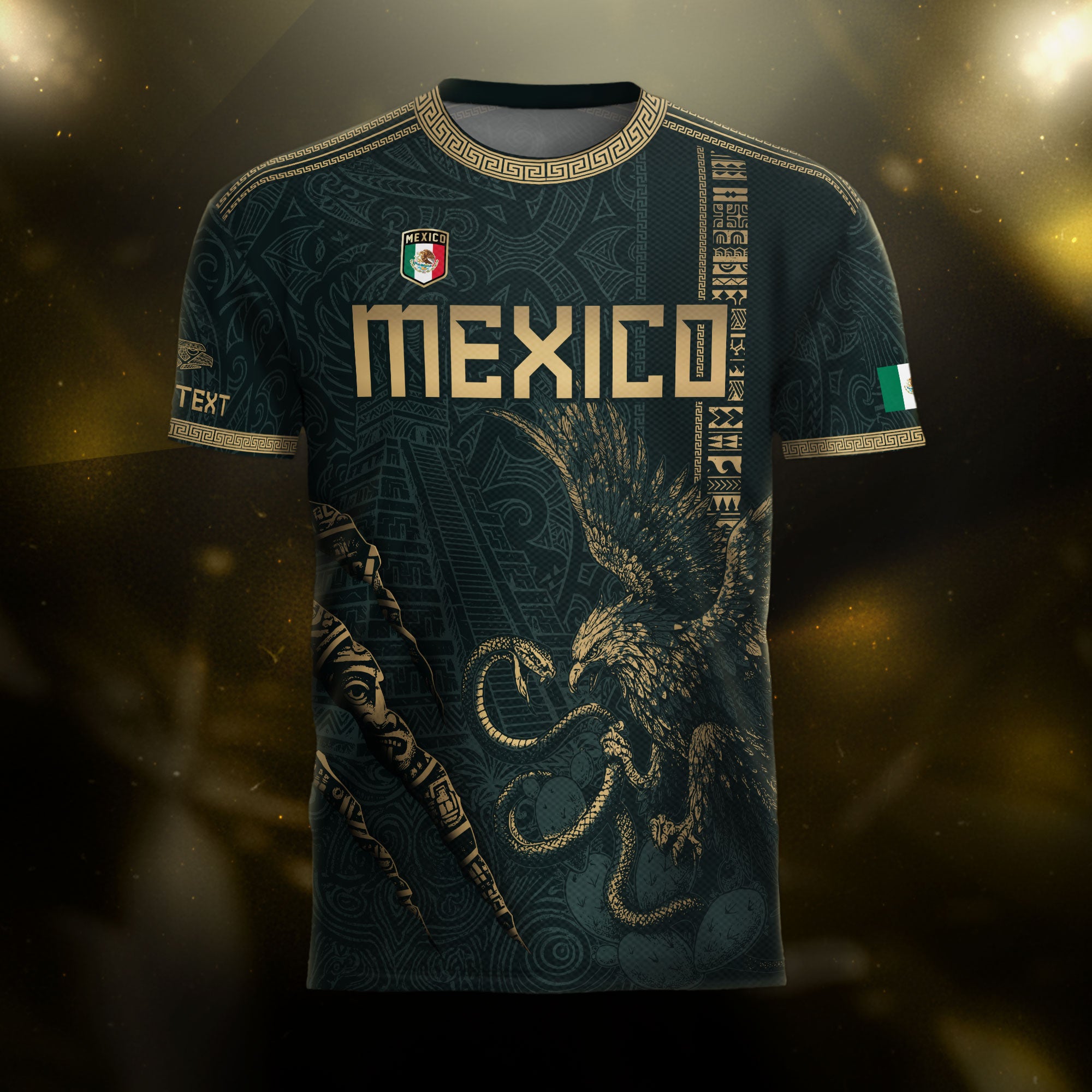 Camiseta de fútbol personalizada de México, verde, dorado, con garra de águila y guerrero azteca.