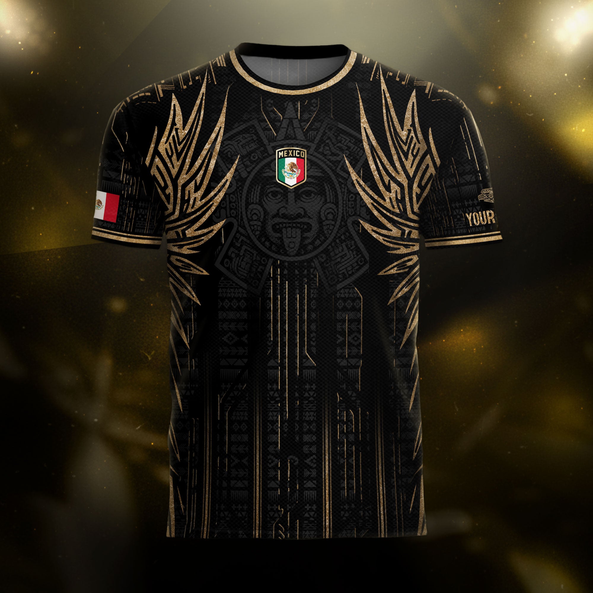 Custom Mexico Black Gold Aztec Warrior Wings Heritage Soccer Jersey