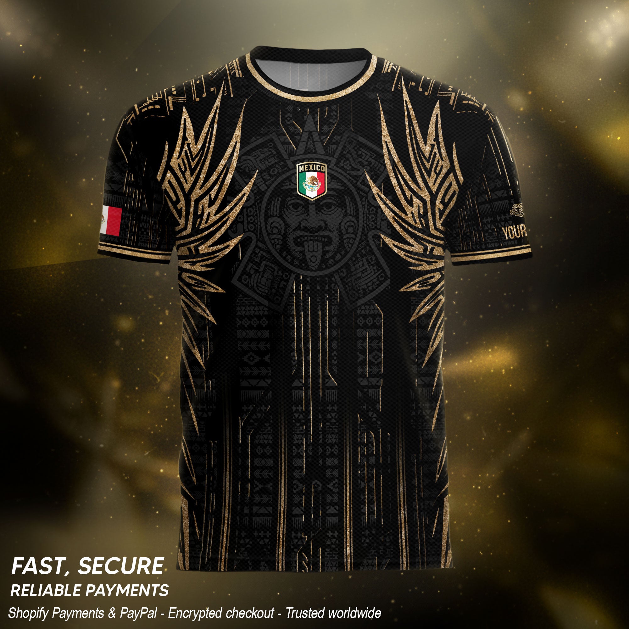 Camiseta de fútbol personalizada de México con alas de guerrero azteca, color negro y dorado