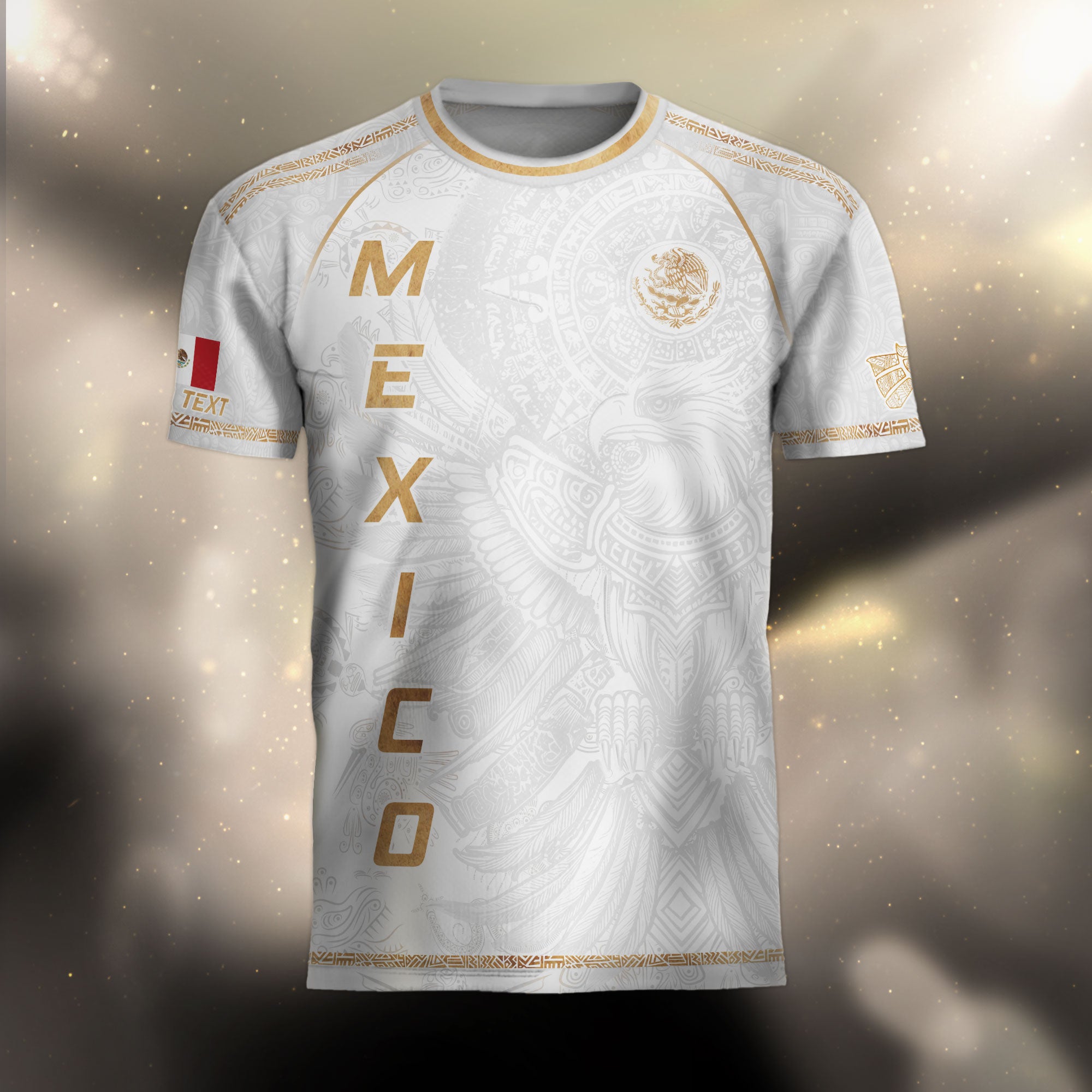 Custom Mexico Soccer Jersey White Gold Heritage Aztec Eagle Design