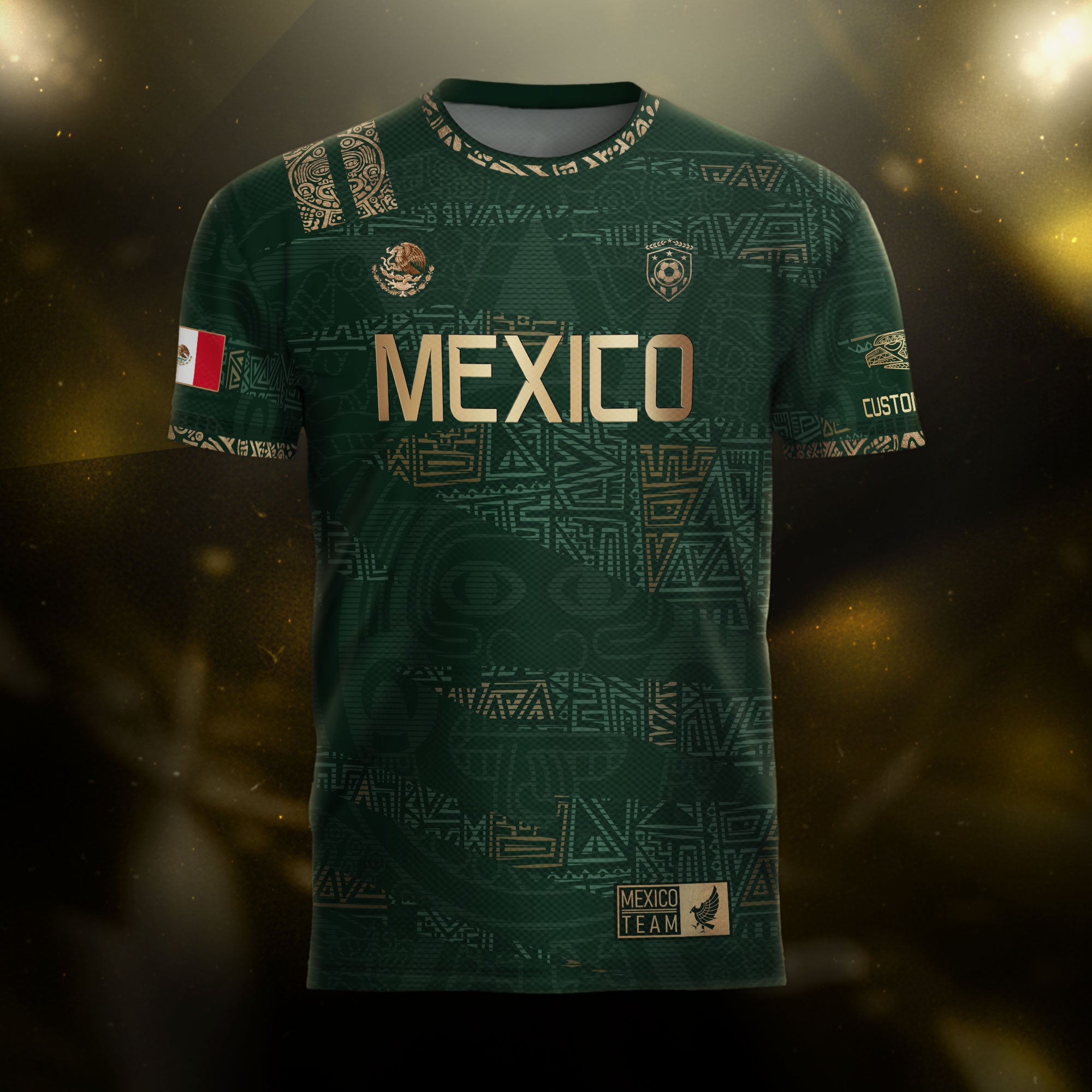 Camiseta de fútbol personalizada de México con estampado azteca verde y dorado