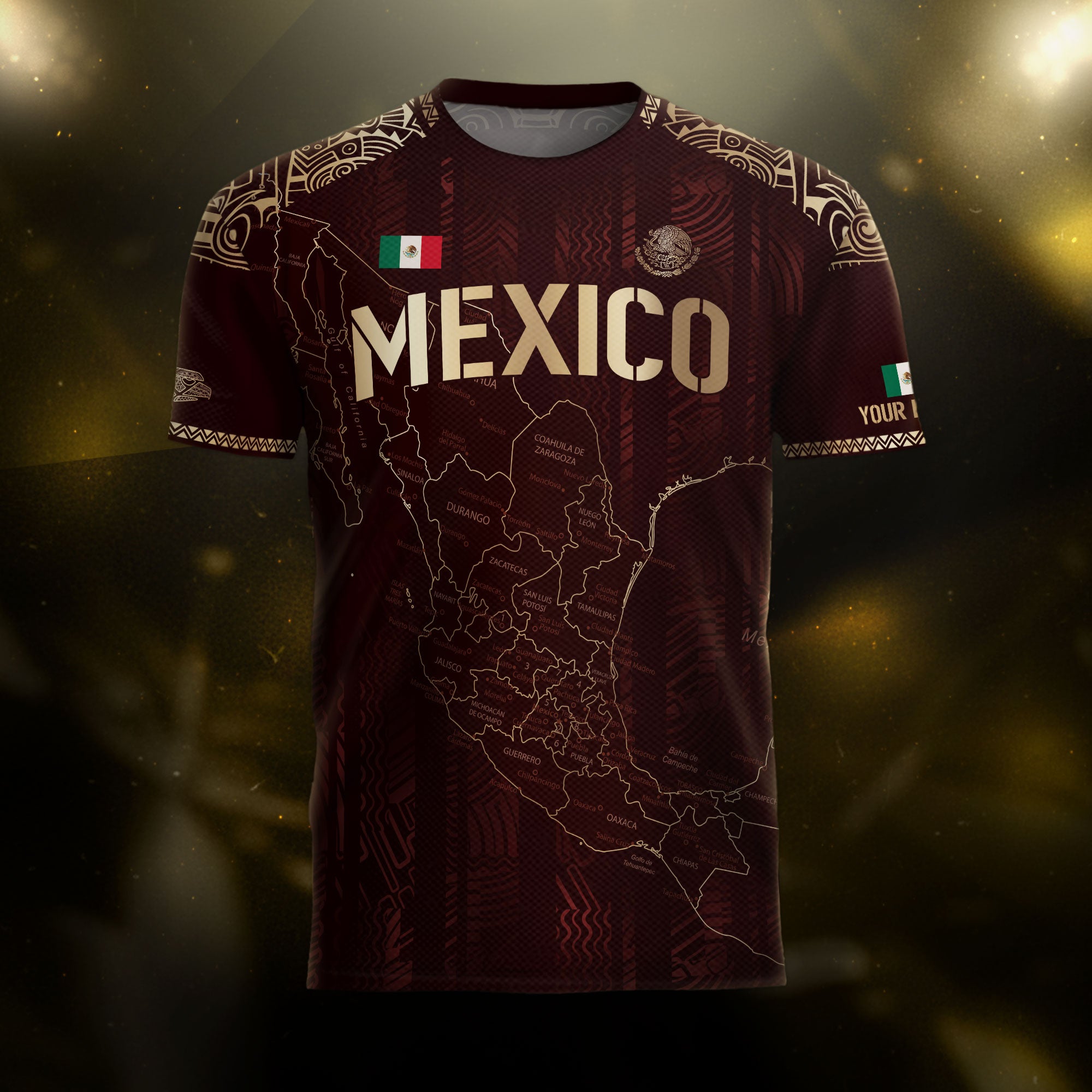 Custom Mexico Burgundy Soccer Jersey with Golden Aztec Map Design