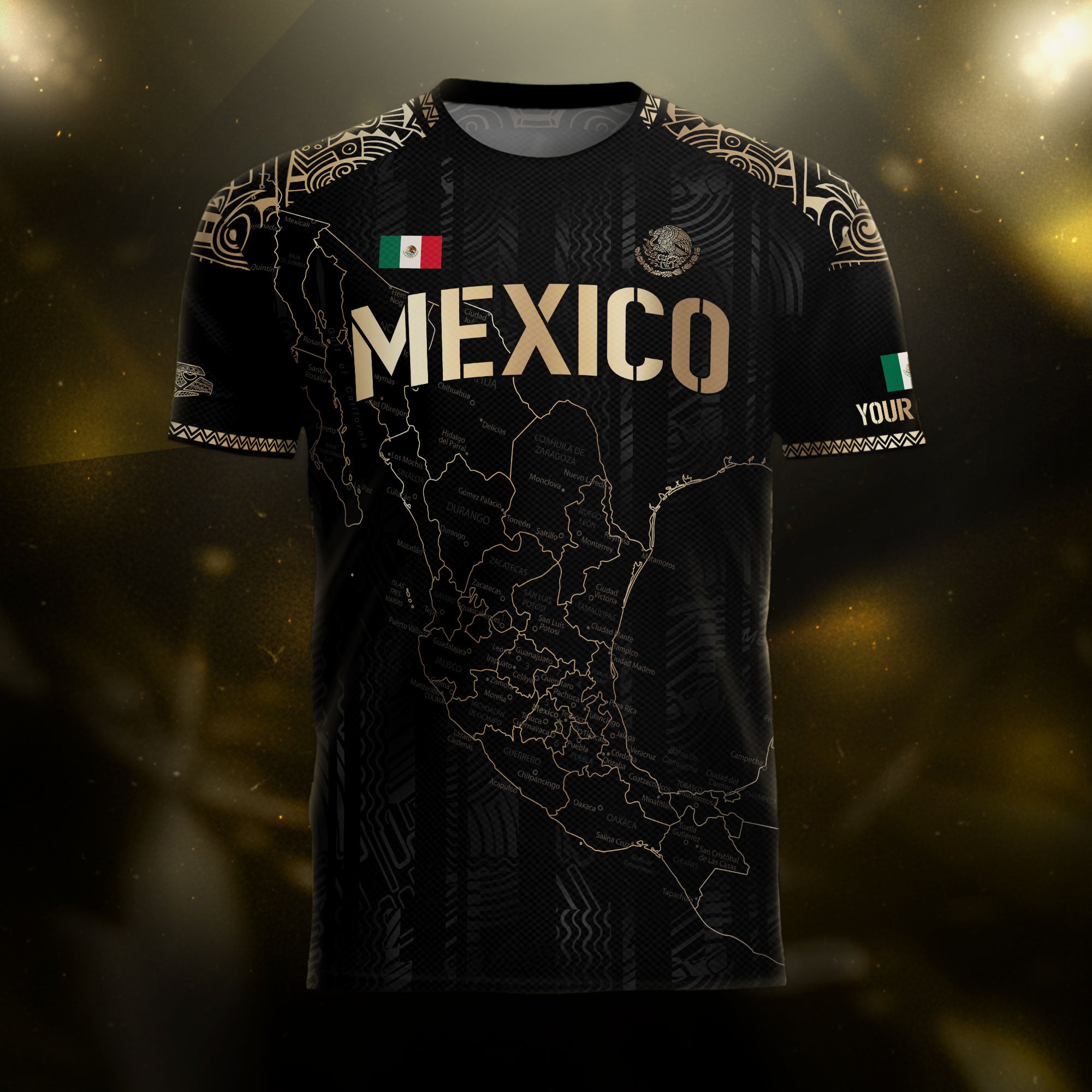 Custom Mexico Black Gold Soccer Jersey with Heritage Map and Aztec Details