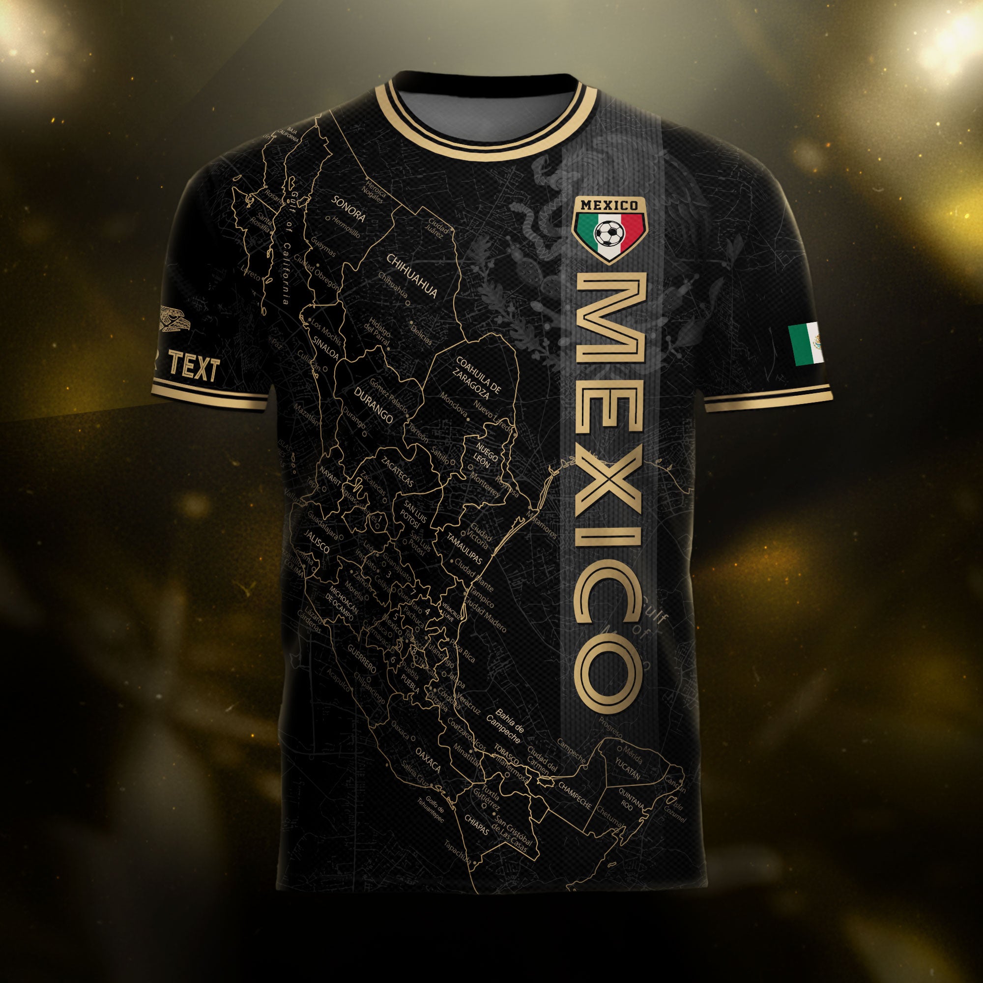 Custom Mexico Black Gold Soccer Jersey with Detailed Heritage Map Design