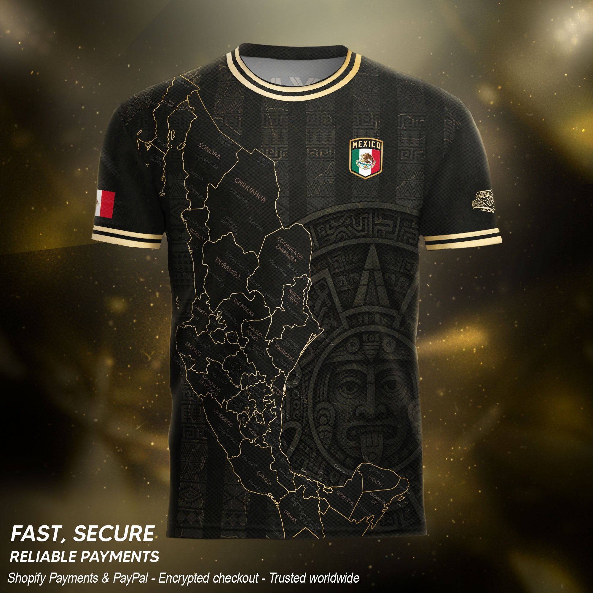 Mexico Black Gold Map Aztec Calendar Heritage Soccer Jersey