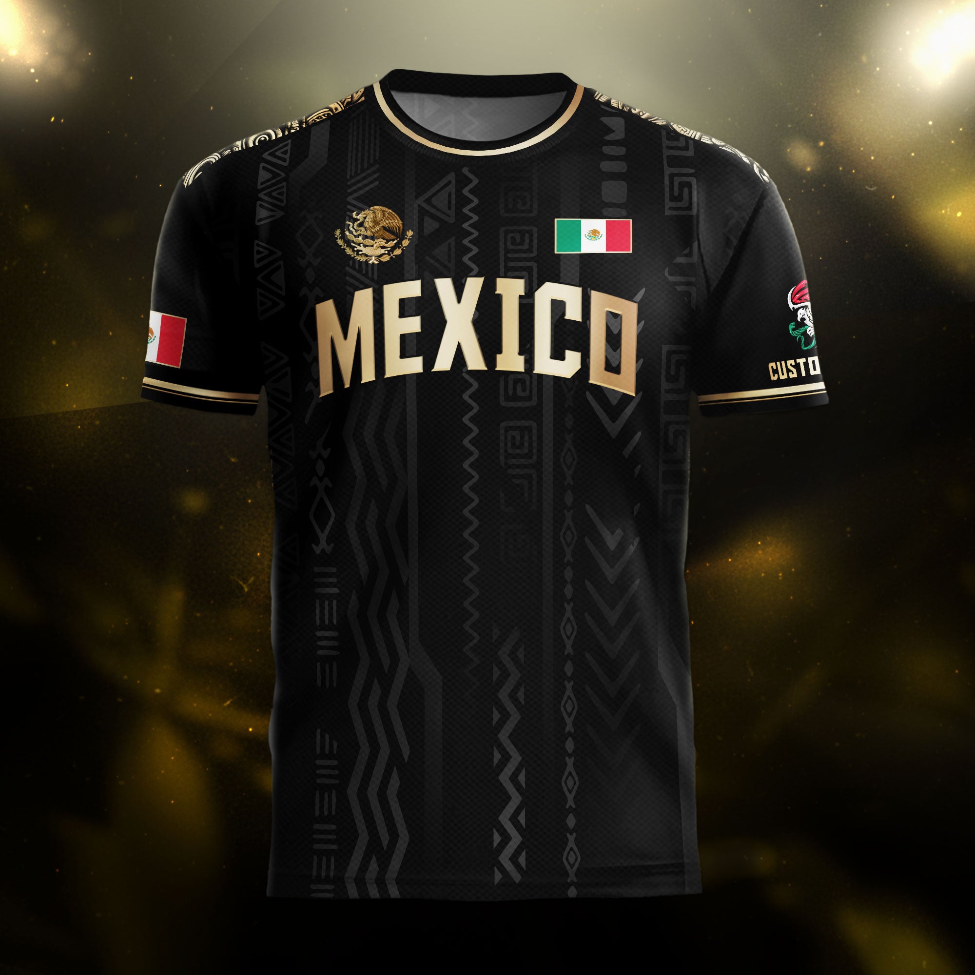 Custom Mexico Black Gold Aztec Pattern National Pride Soccer Jersey