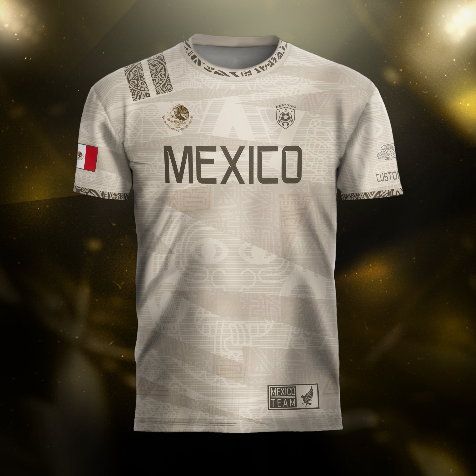 Camiseta de fútbol personalizada de México con estampado azteca en beige