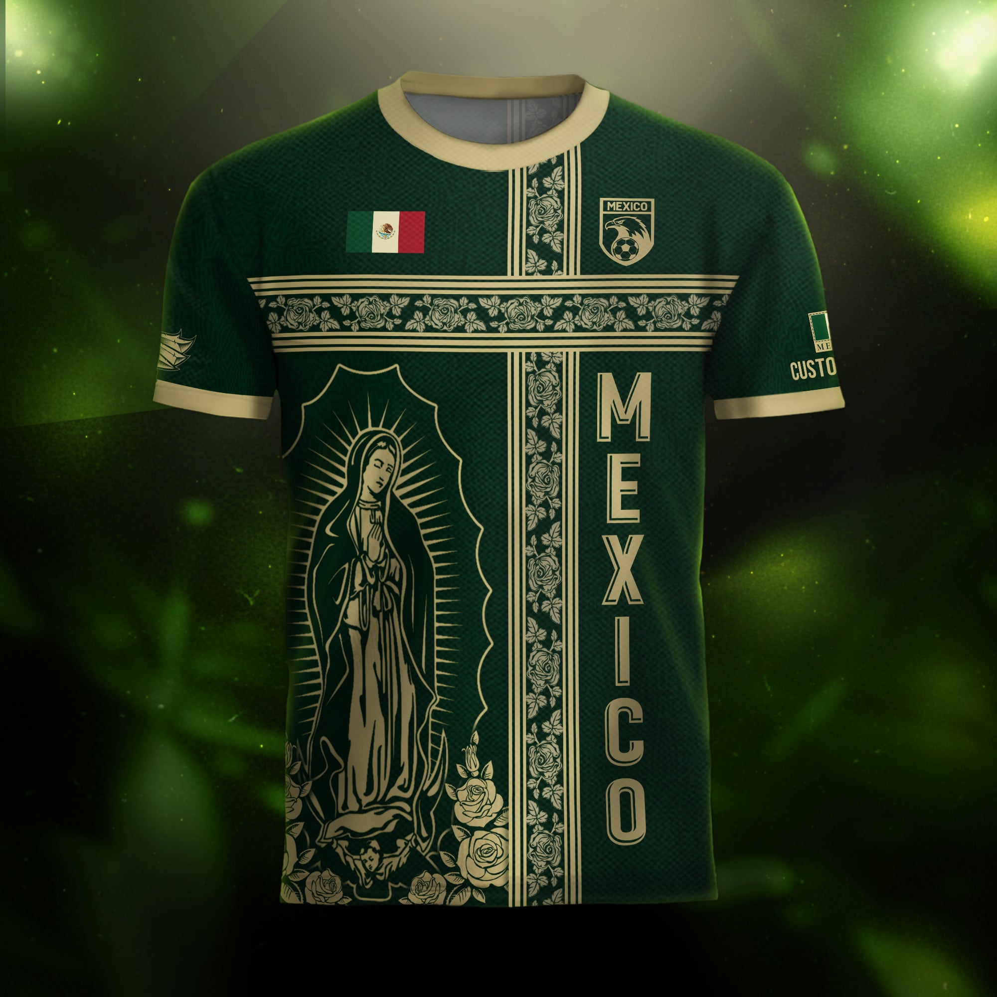 Custom Mexico Jersey Green Gold Our Lady of Guadalupe Design