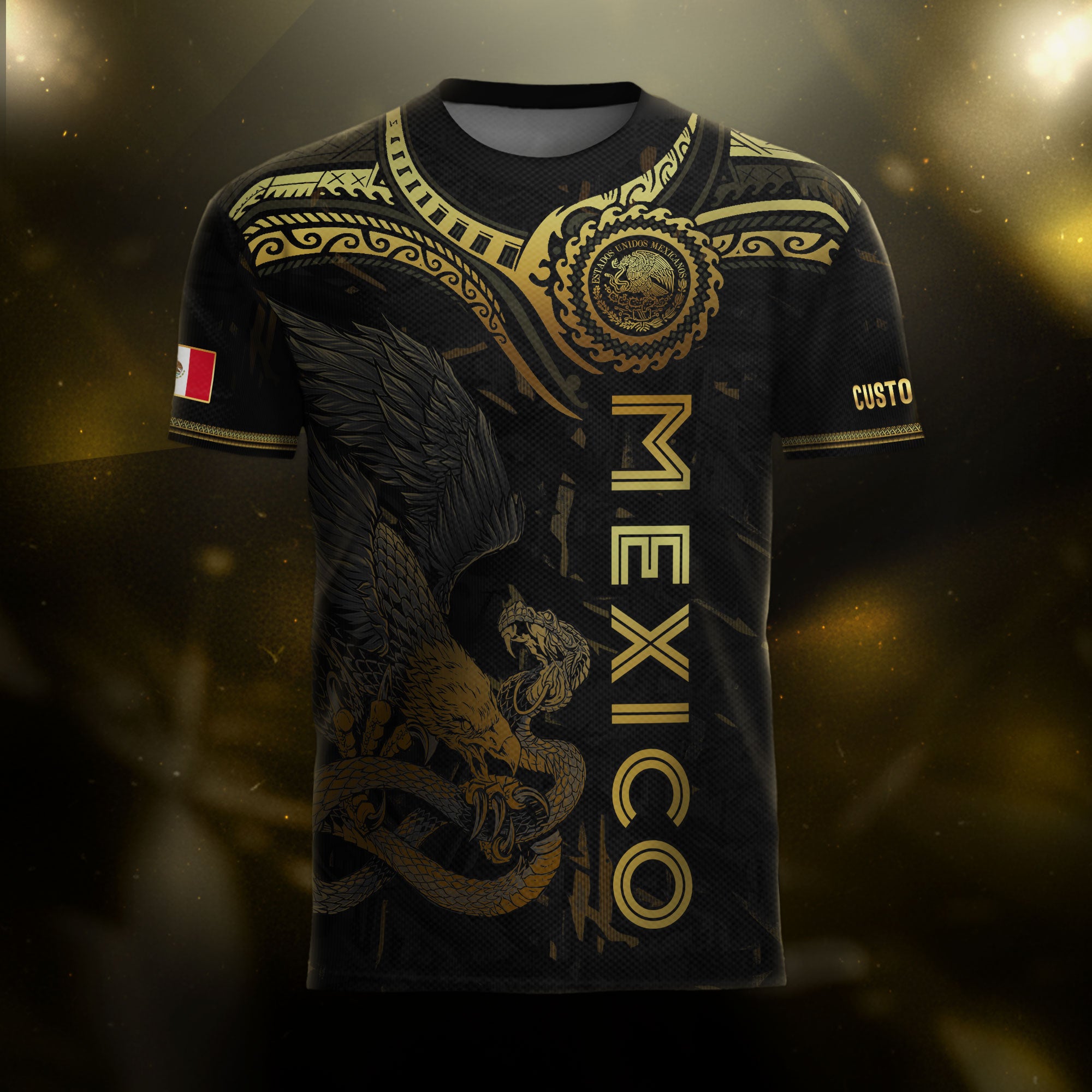 Custom Mexico Jersey Black Gold Eagle Serpent Aztec Design