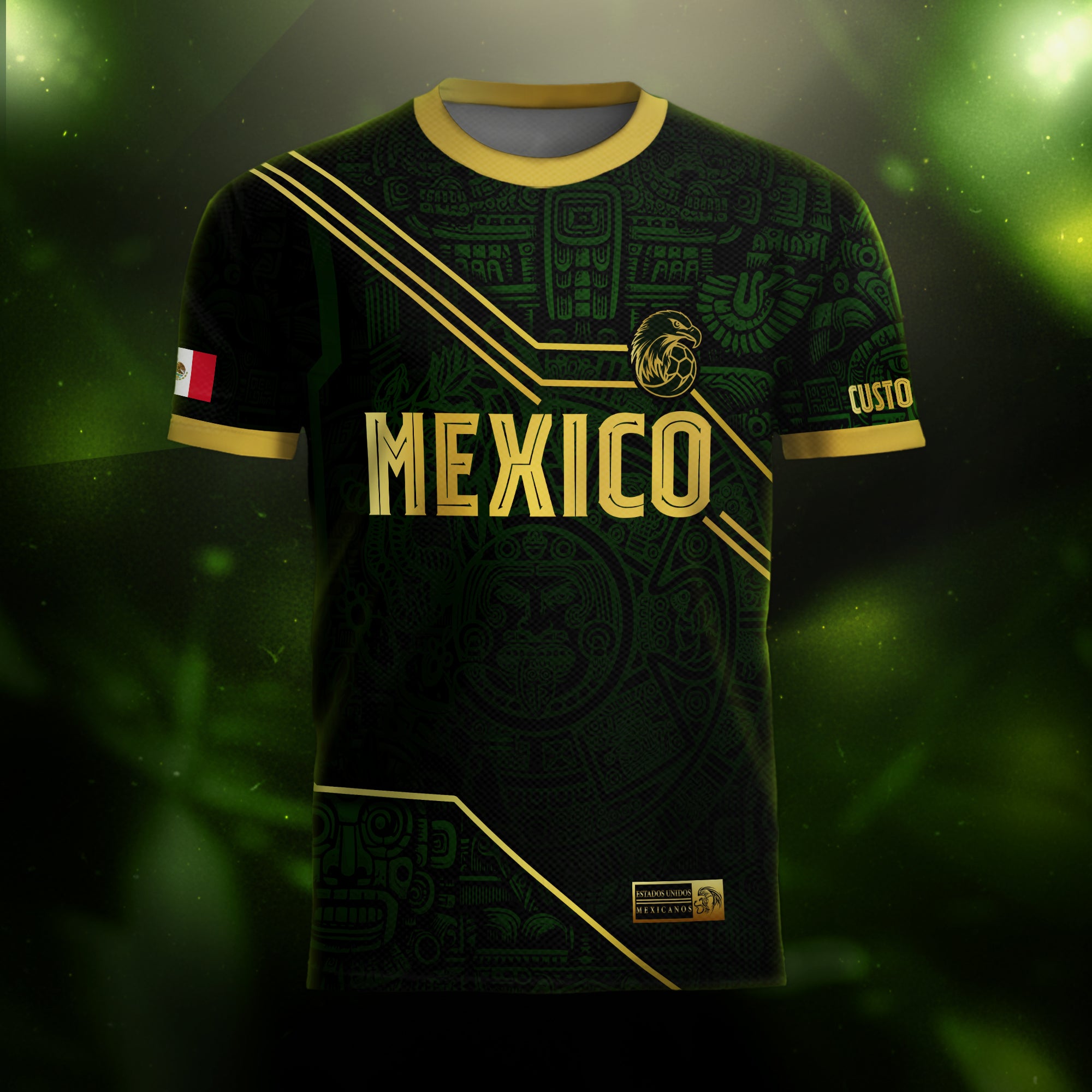 Custom Mexico Jersey Black Green Gold Aztec Heritage Design