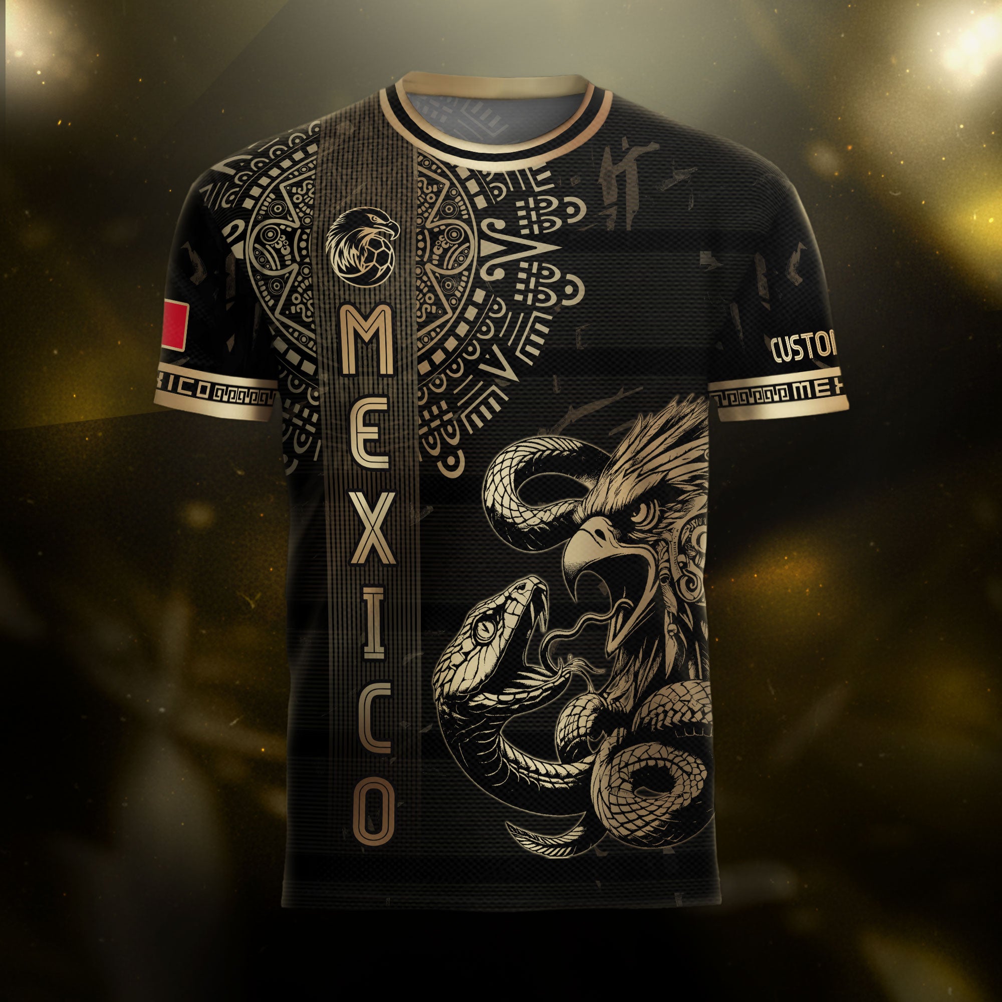 Custom Mexico Jersey Black Gold Eagle Serpent Aztec Warrior Design