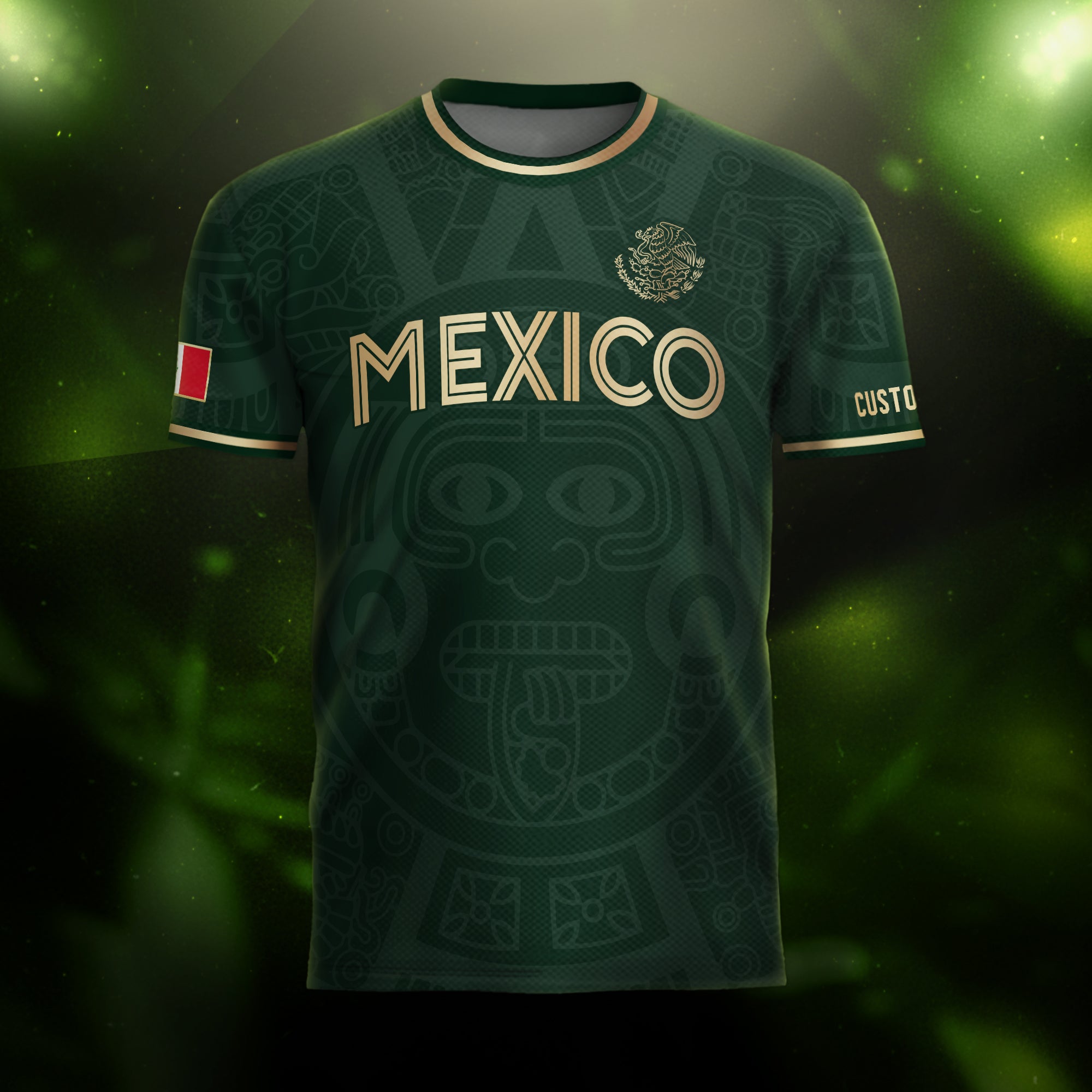 Custom Mexico Soccer Jersey Green Gold Aztec Calendar Design