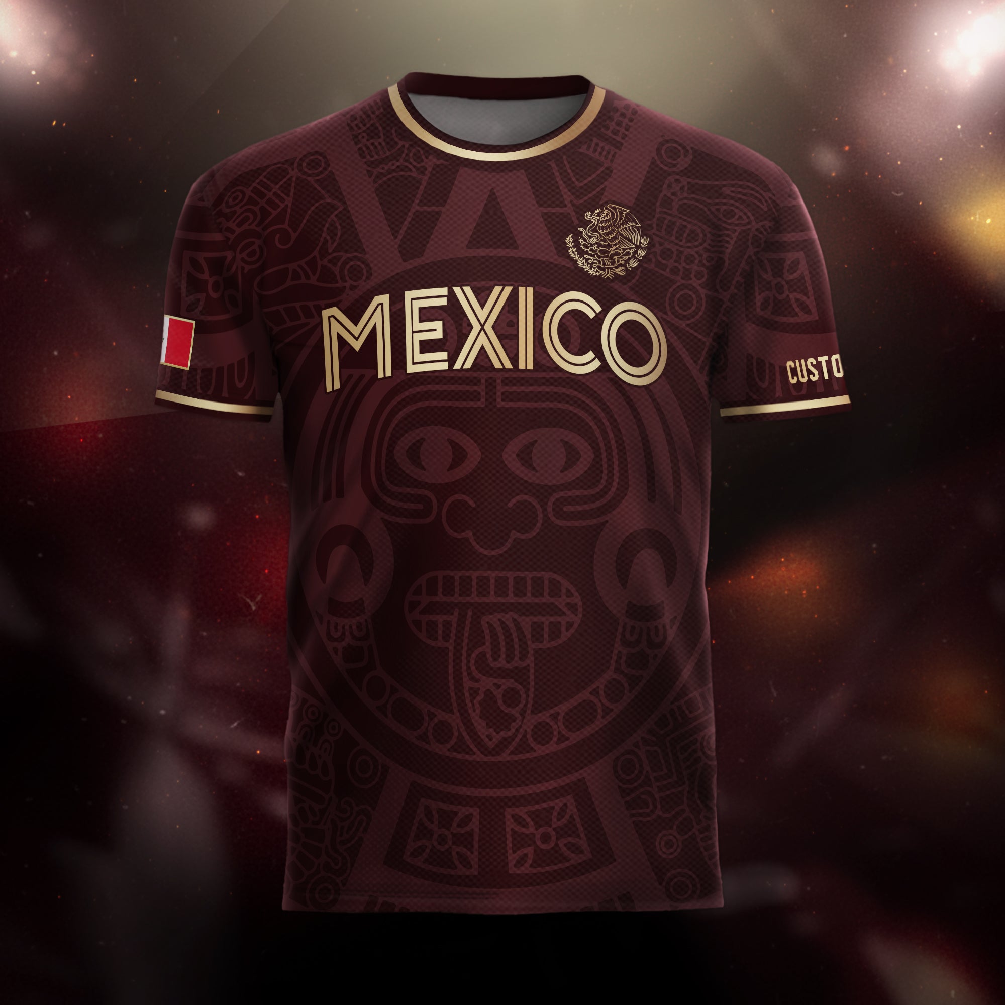 Custom Mexico Soccer Jersey Maroon Gold Aztec Calendar Design