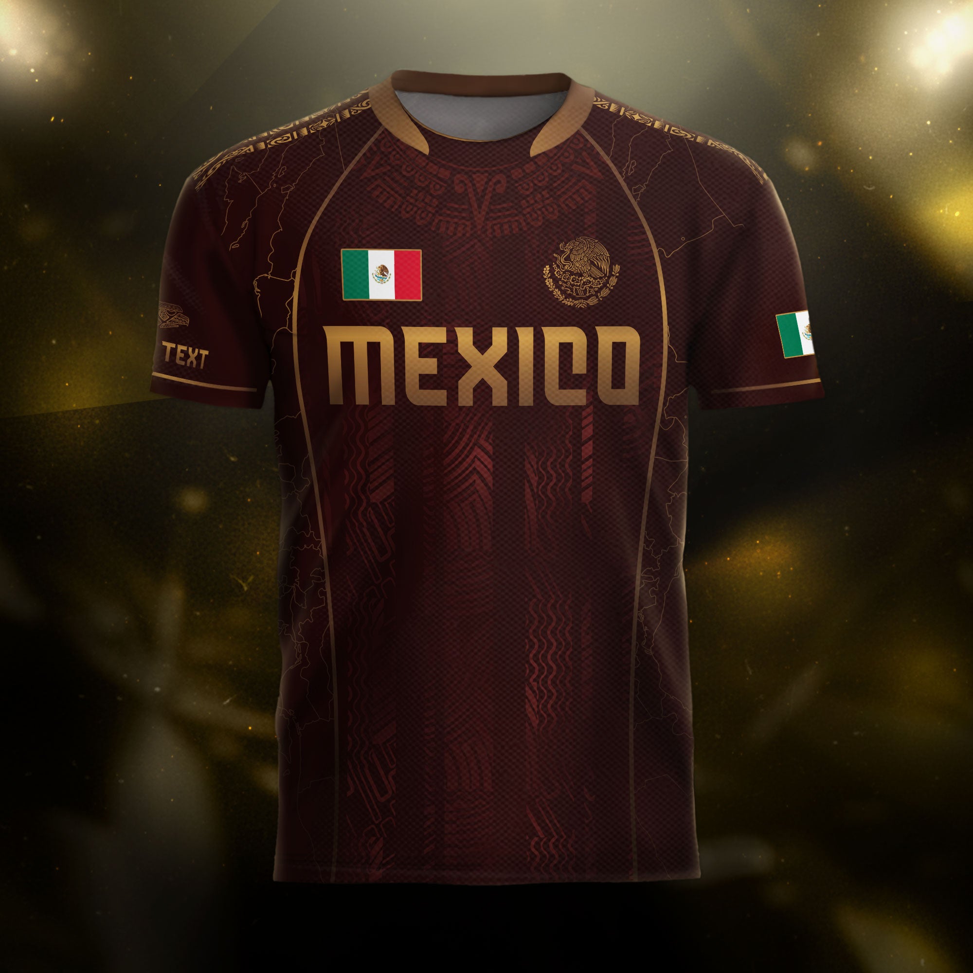 Custom Mexico Soccer Jersey Burgundy Gold Aztec Pattern Heritage Design