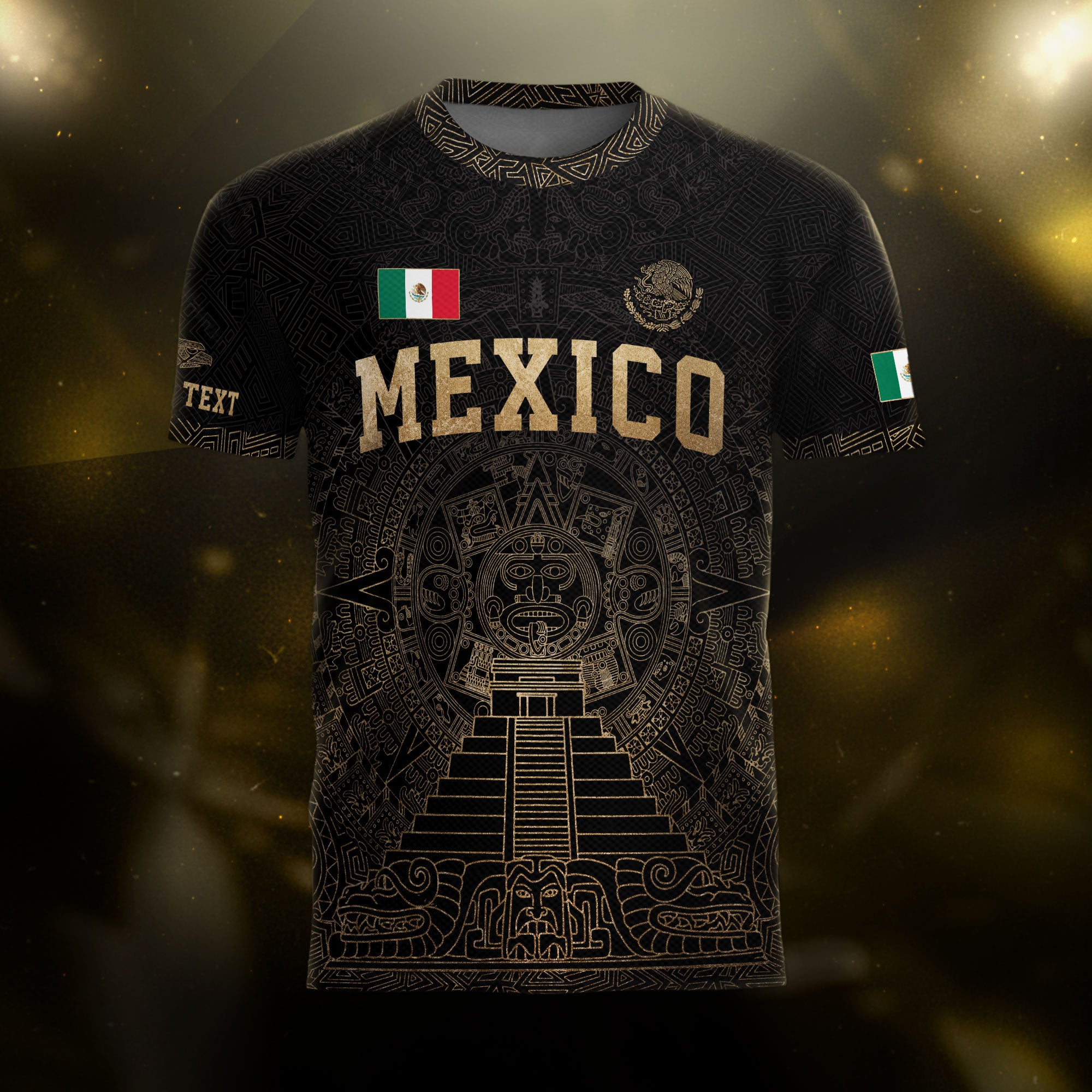 Custom Mexico Soccer Jersey Black Gold Aztec Calendar Heritage Design