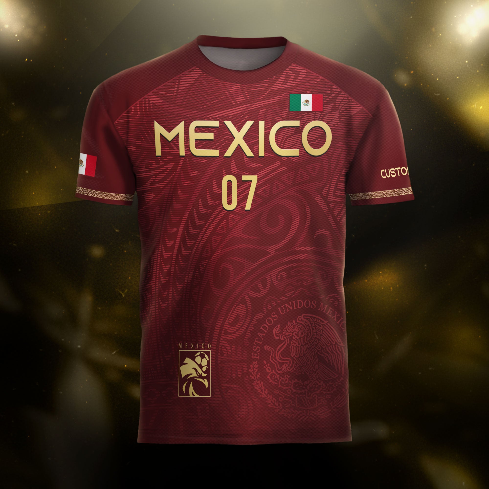 Custom Mexico Soccer Jersey Burgundy Gold Eagle Pattern Design